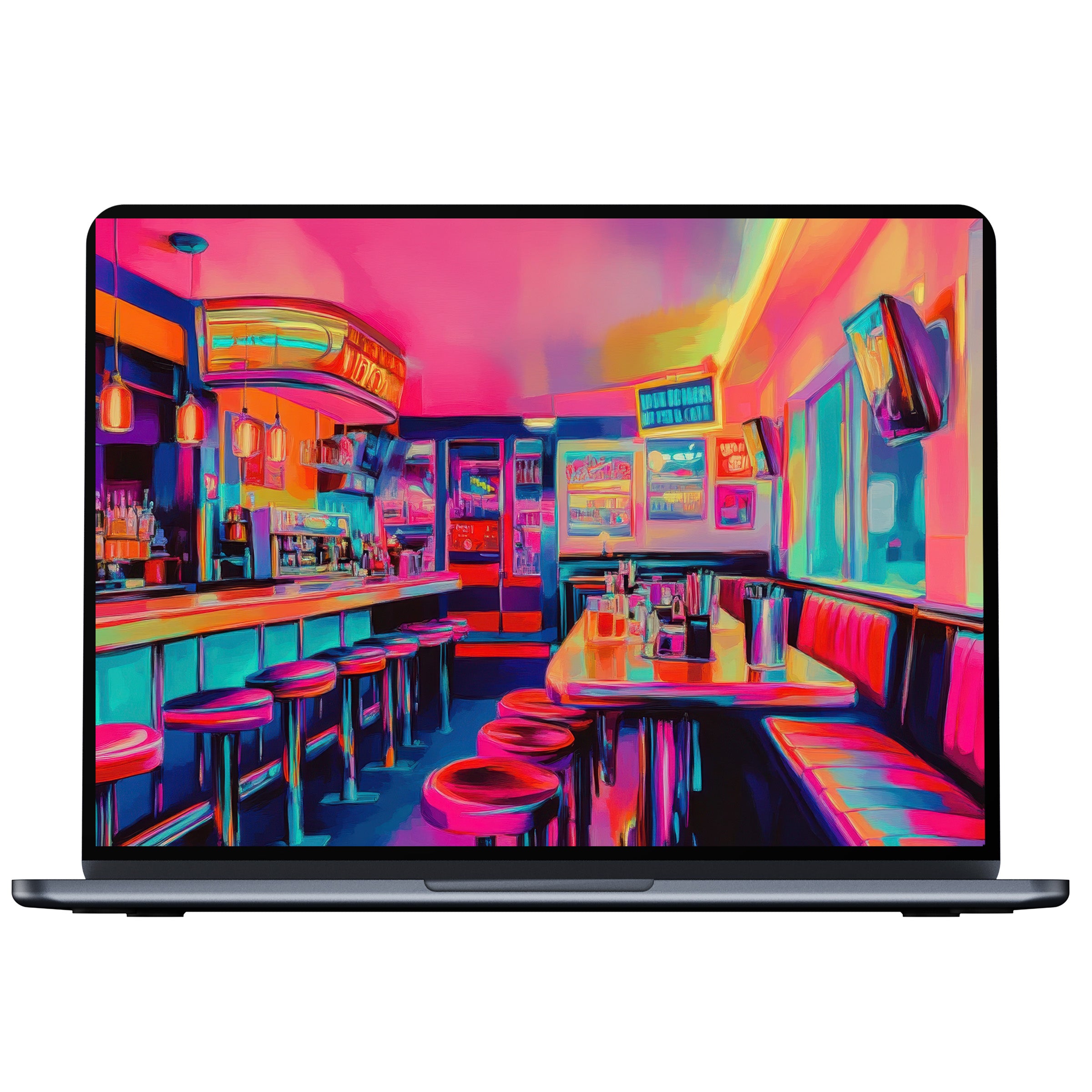 Vibrant pop art desktop wallpaper featuring neon diner scene for PC or laptop digital download inspiring mindfulness and elegance