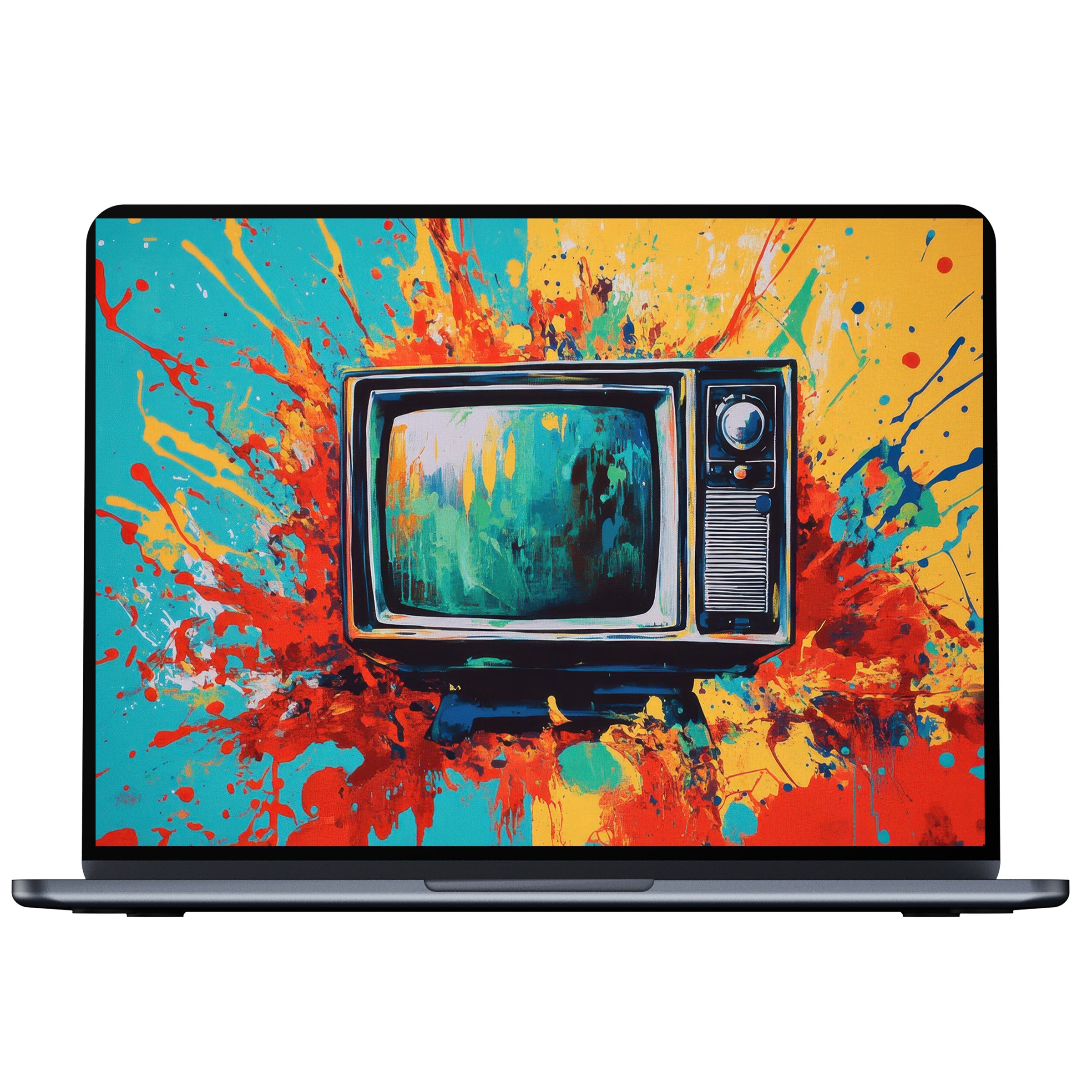 Vibrant pop art desktop wallpaper with retro TV and splashes of color inspires elegance and calm for PC, laptop digital download