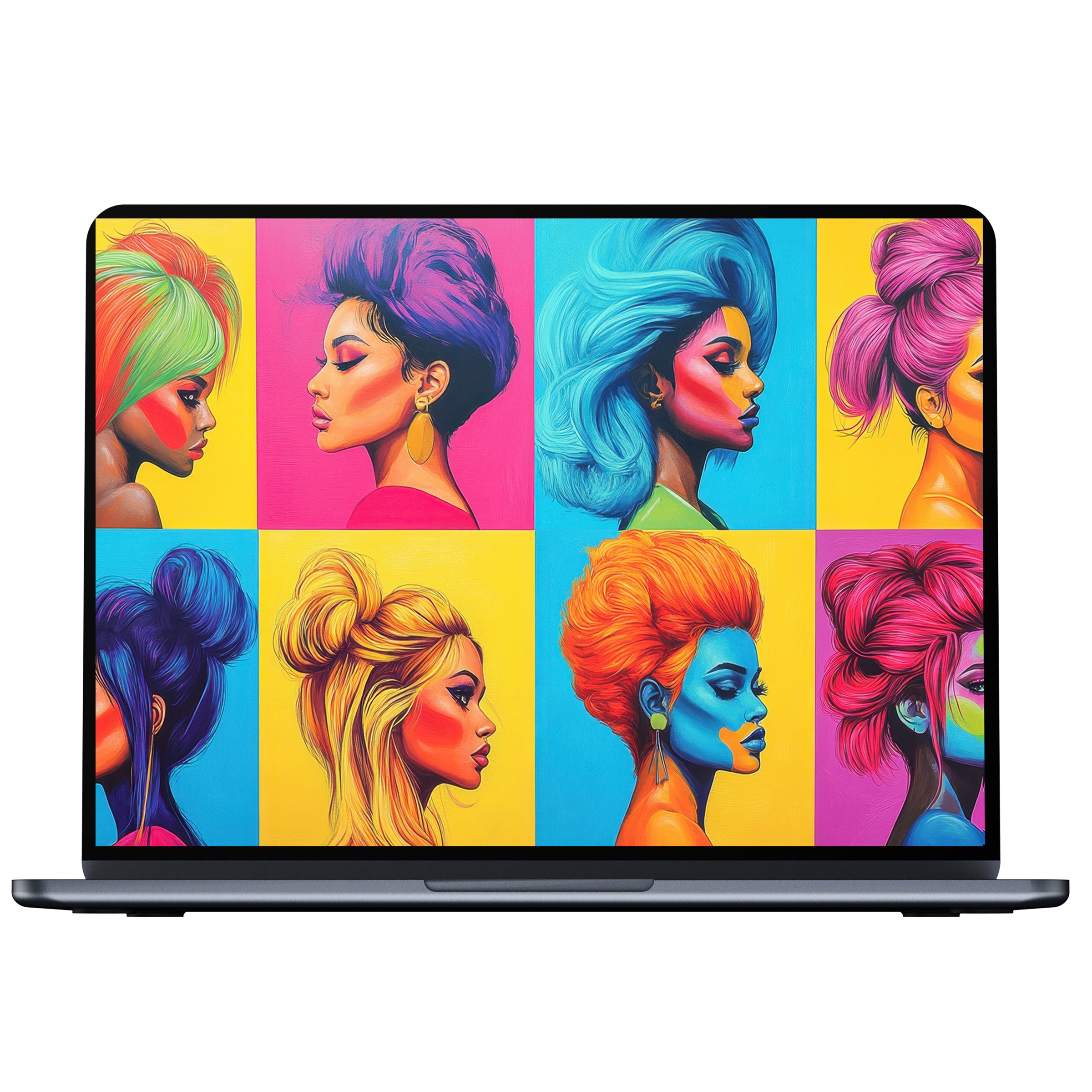 Vibrant pop art desktop wallpaper featuring colorful portraits; perfect digital download for PC, laptop, or Mac elegance
