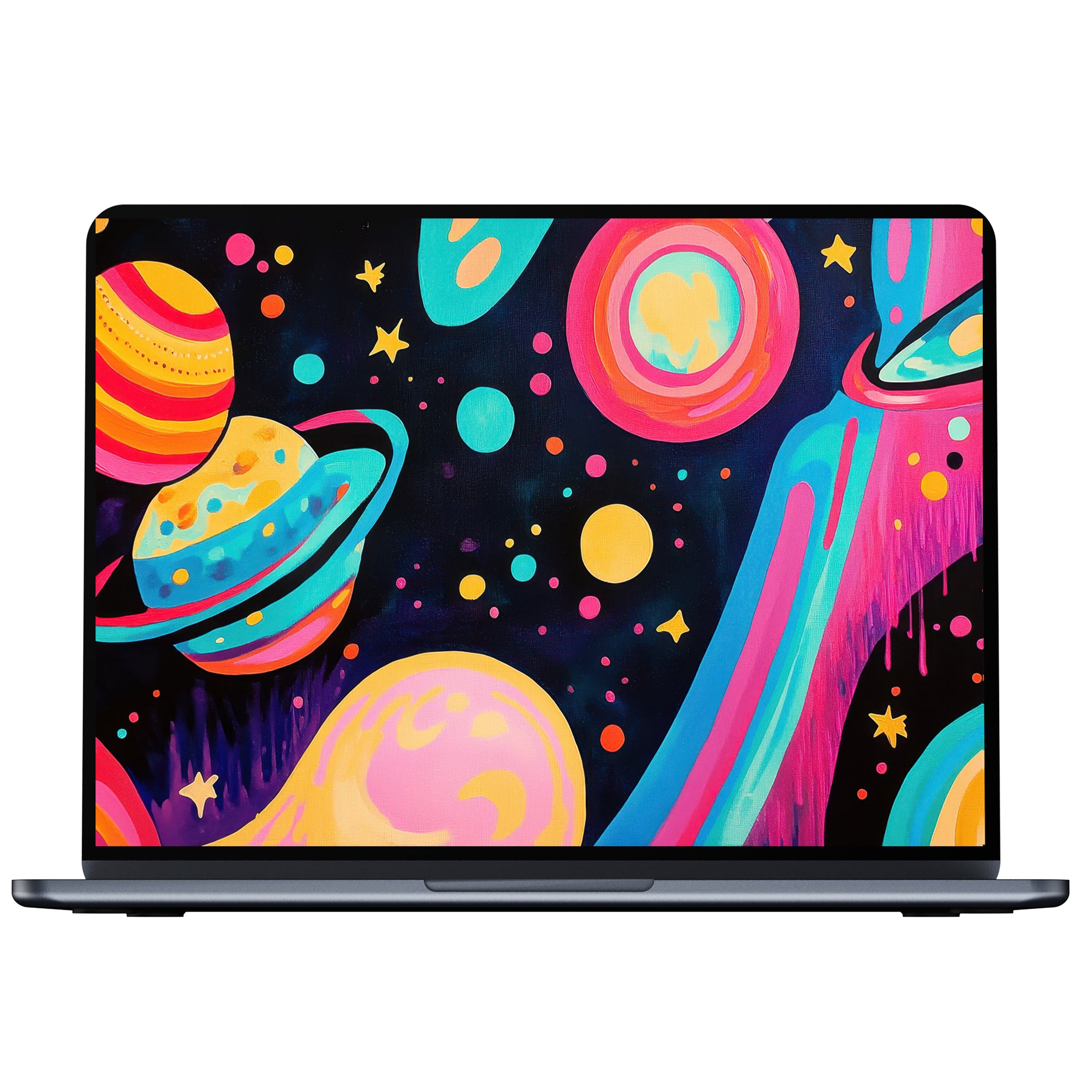 Vivid pop art desktop wallpaper featuring colorful planets and stars offers digital download for PC and laptop elegance and calm