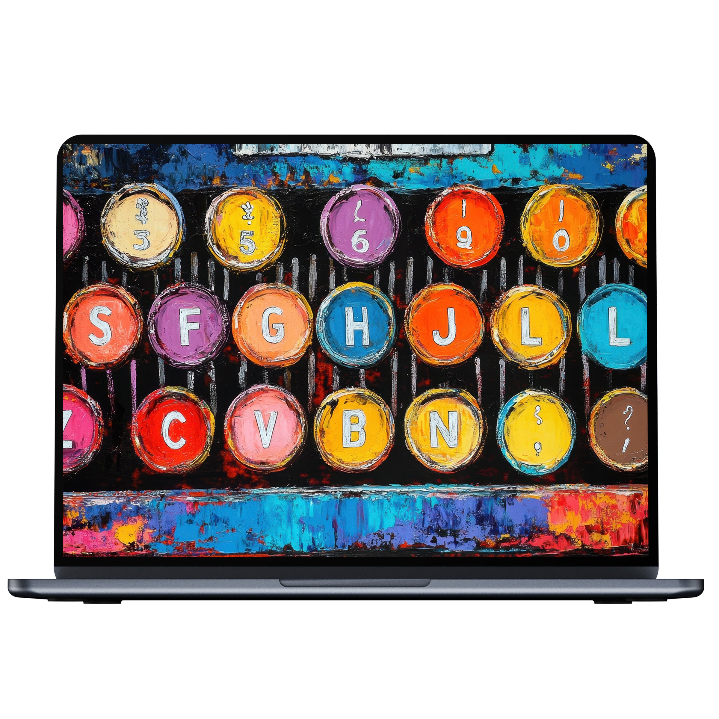 Vibrant pop art desktop wallpaper featuring colorful typewriter keys for digital download inspires calm elegance on PC and laptop screens
