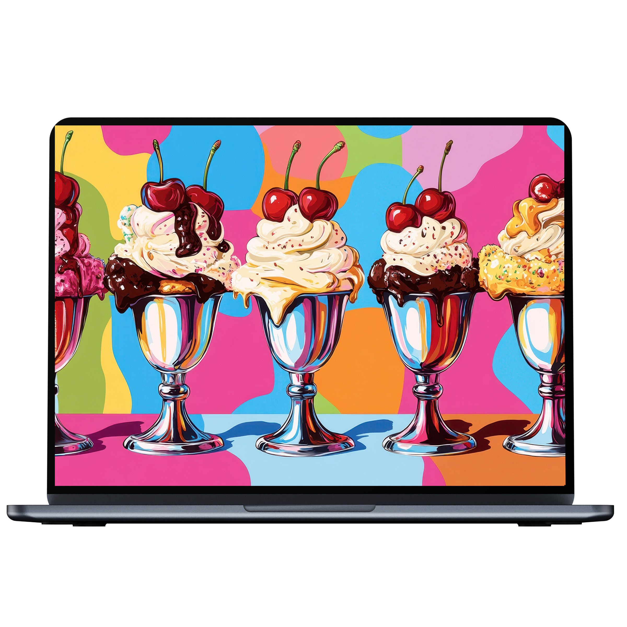 Colorful pop art desktop wallpaper with vibrant ice cream sundaes, perfect for adding elegance and inspiration to PC or laptop displays