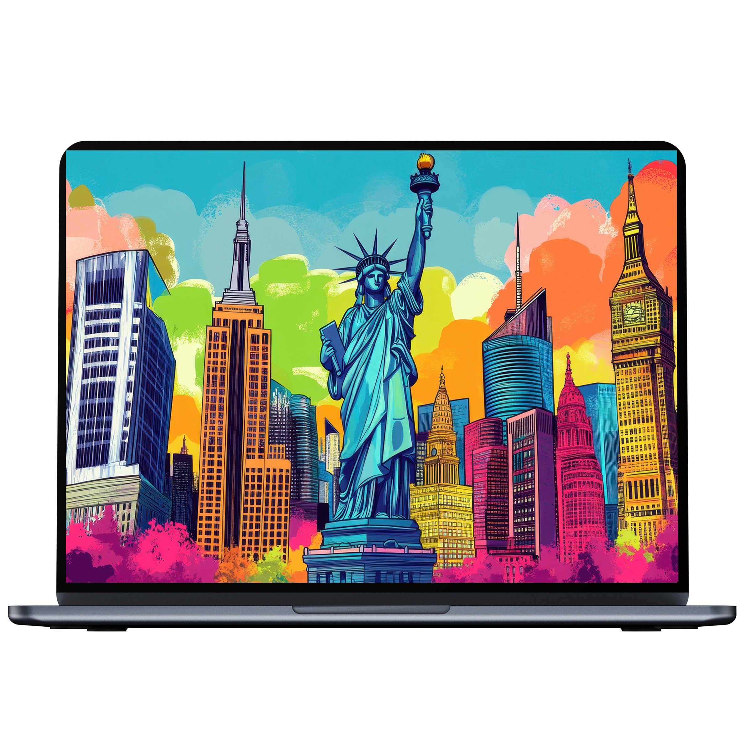 Vibrant pop art desktop wallpaper featuring a colorful cityscape, ideal digital download for PC or laptop, inspiring and elegant