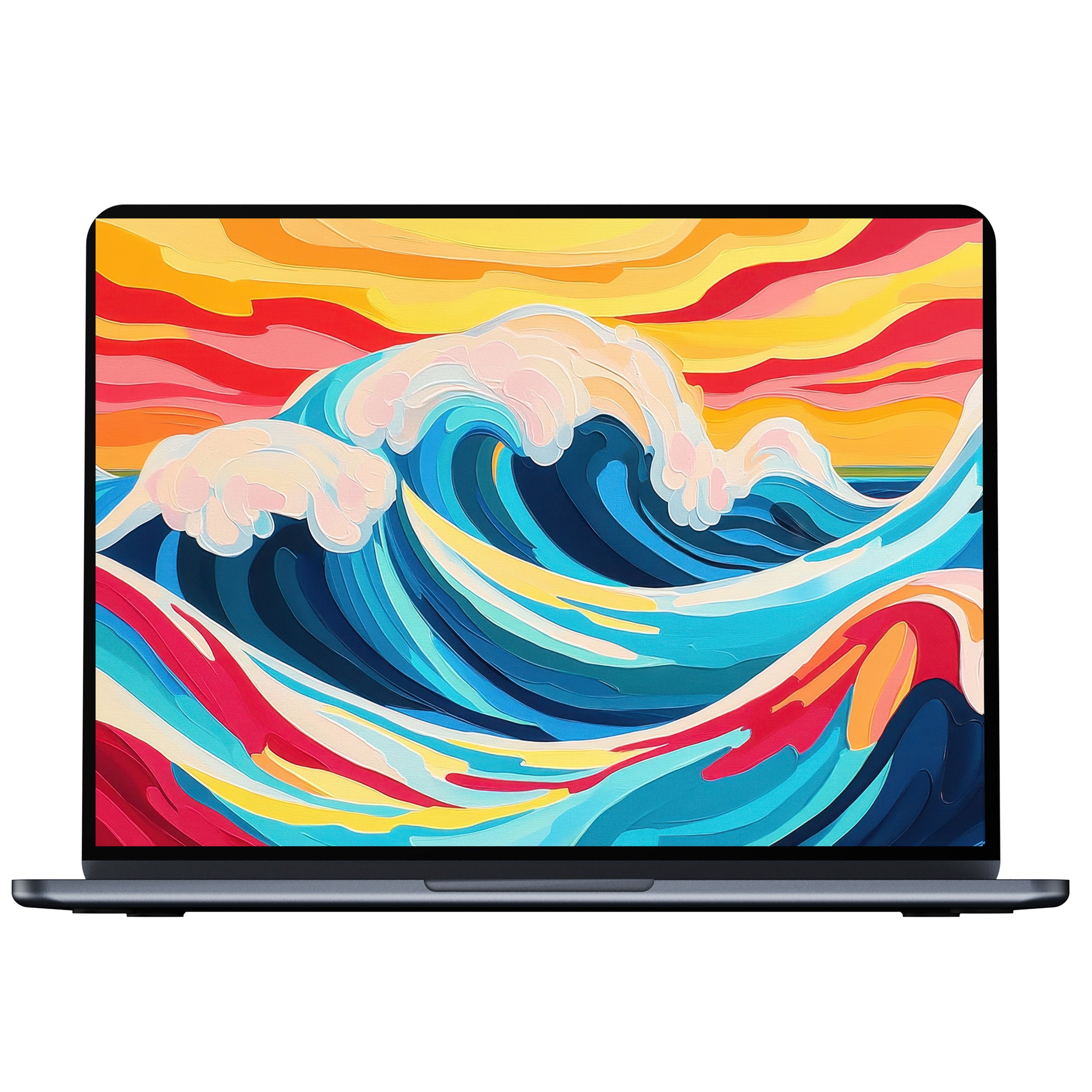 Vibrant pop art desktop wallpaper features dynamic ocean waves in soothing blues and fiery hues for PC, laptop, and digital download