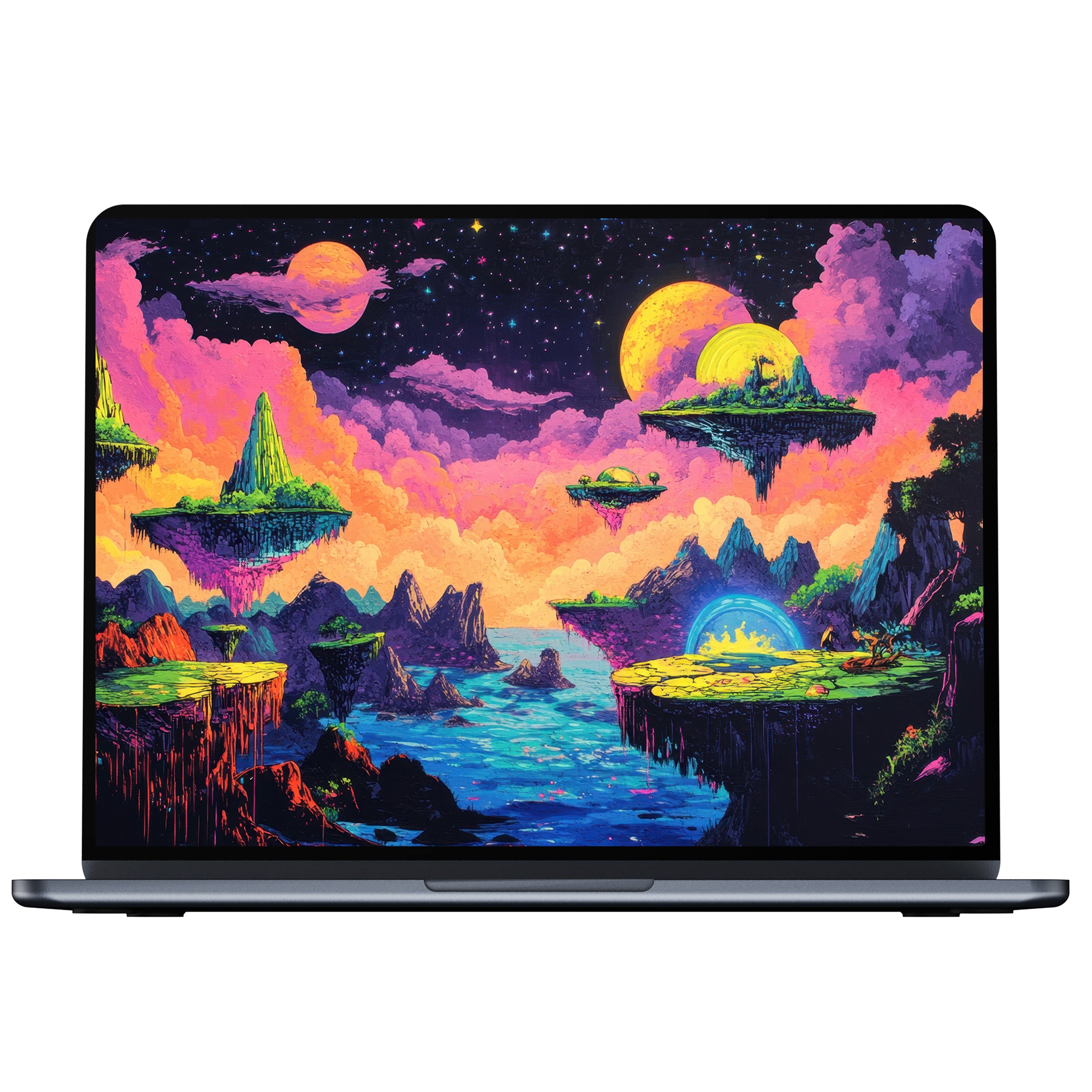 Vibrant pop art desktop wallpaper features floating islands under a starry sky, ideal digital download for PC and laptop use