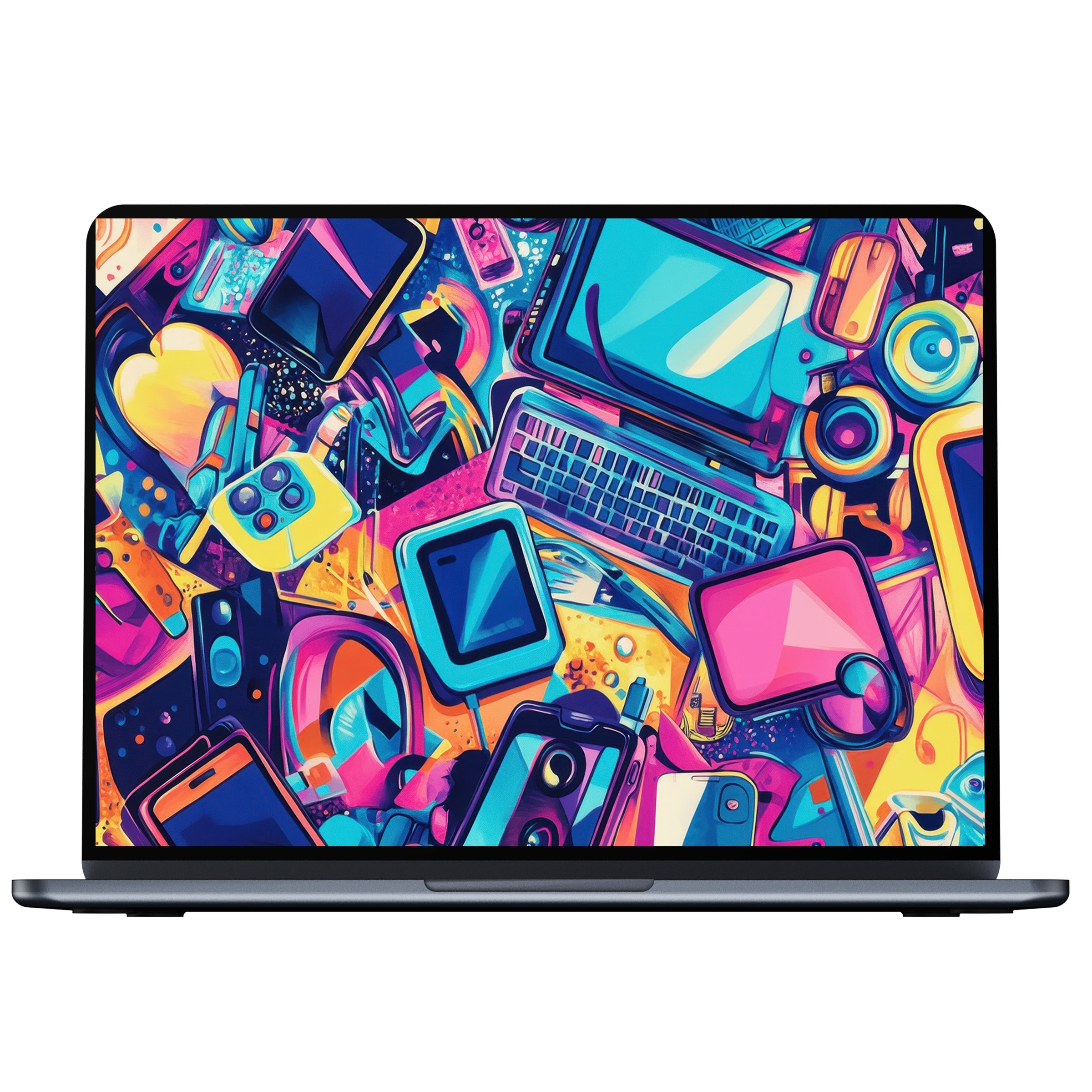 Vibrant pop art desktop wallpaper featuring colorful technology icons offers digital download for PC, laptop, and Mac users seeking inspiration