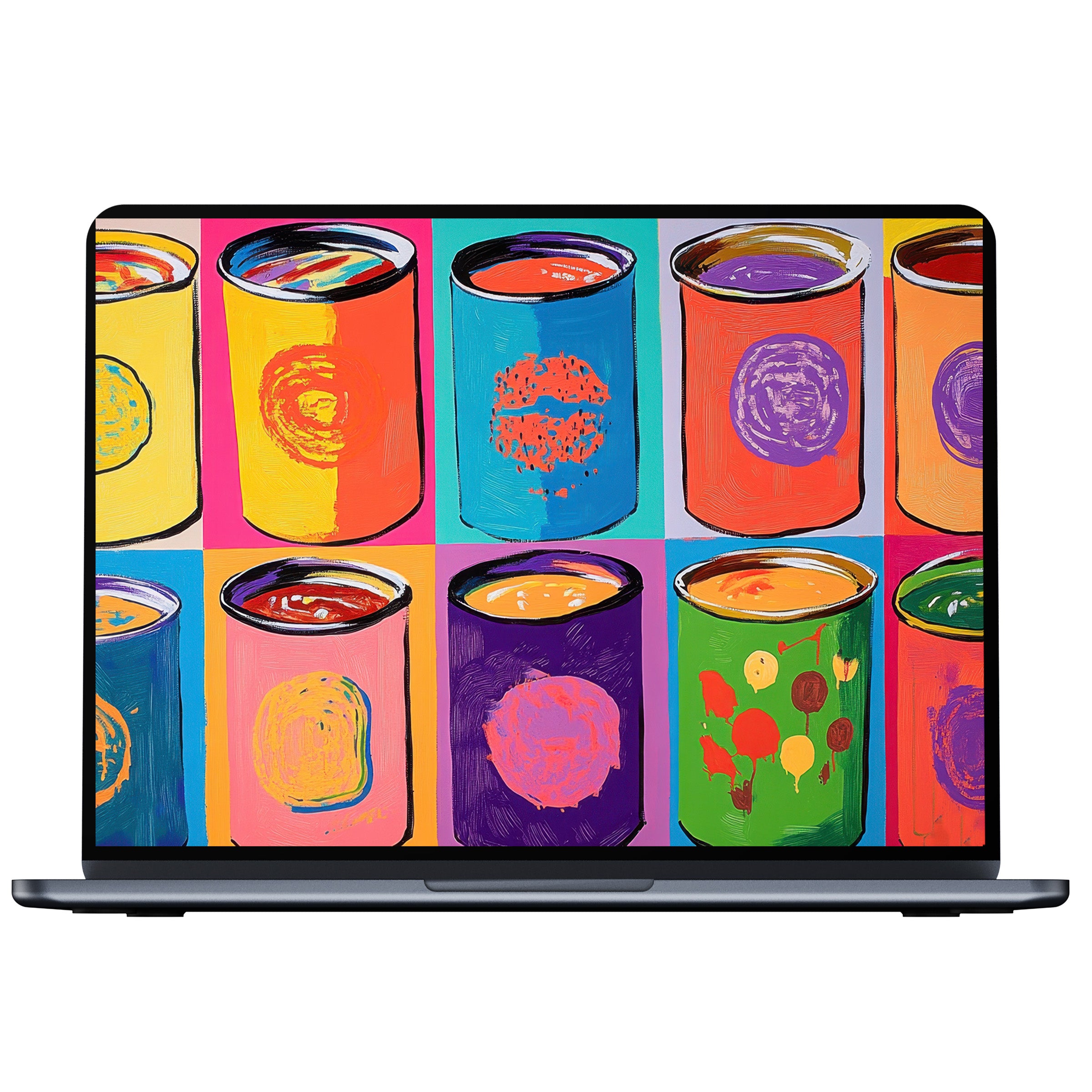 Vibrant pop art desktop wallpaper featuring colorful cans, offering calm inspiration for your PC and laptop digital download
