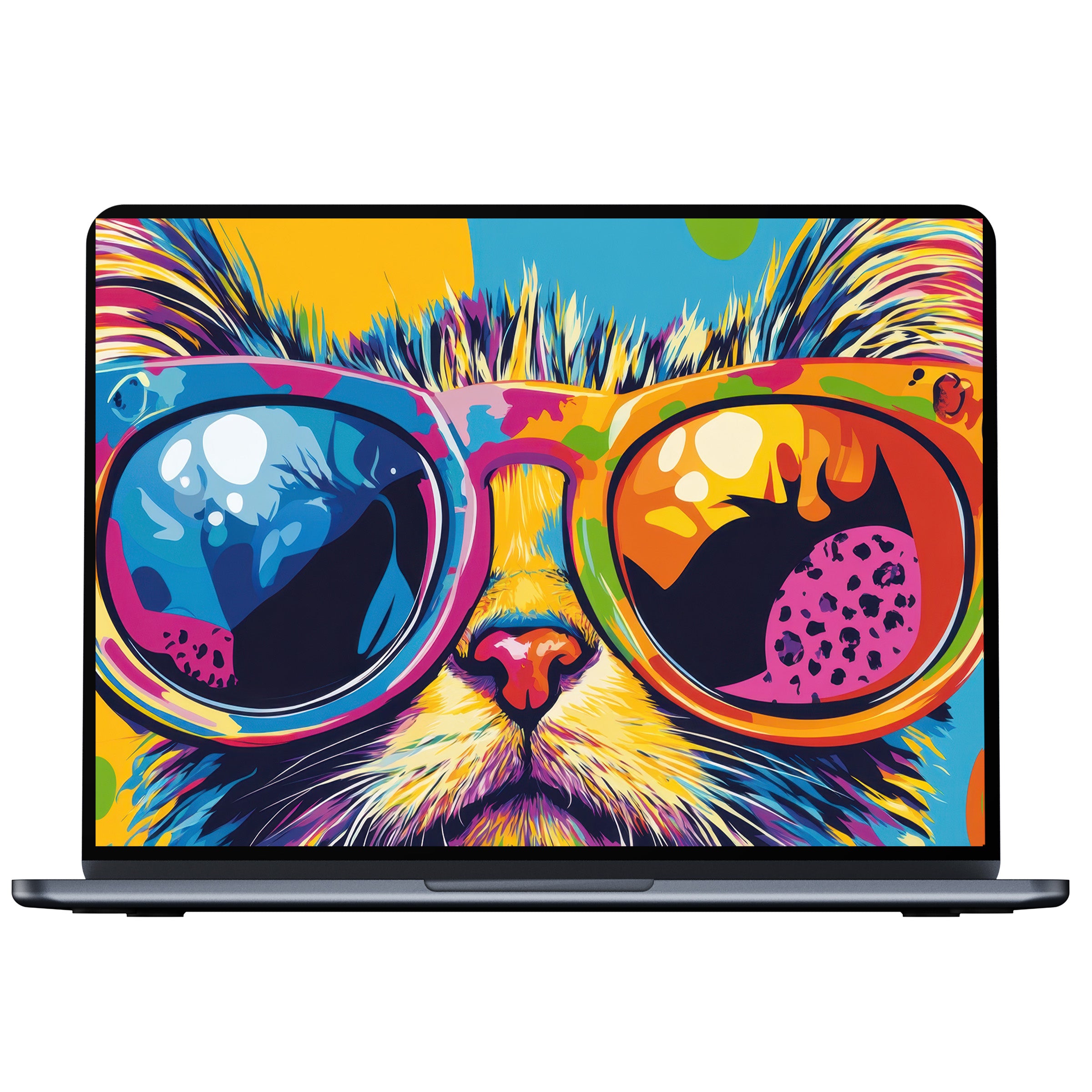 Vibrant pop art desktop wallpaper featuring a colorful cat with glasses offers digital download for PC and laptop elegance