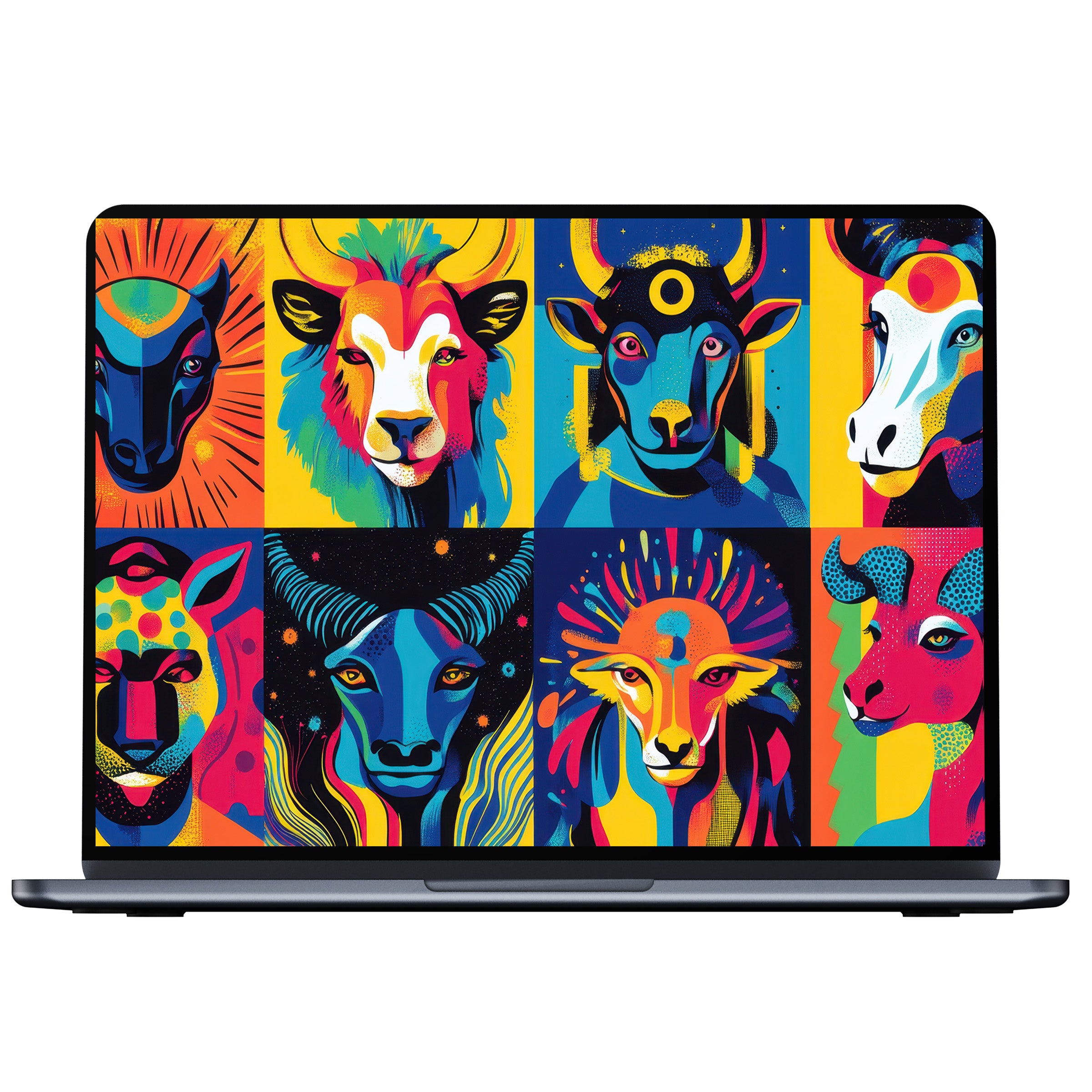 Vibrant pop art desktop wallpaper featuring colorful animal portraits downloadable for digital art elegance on PC or laptop