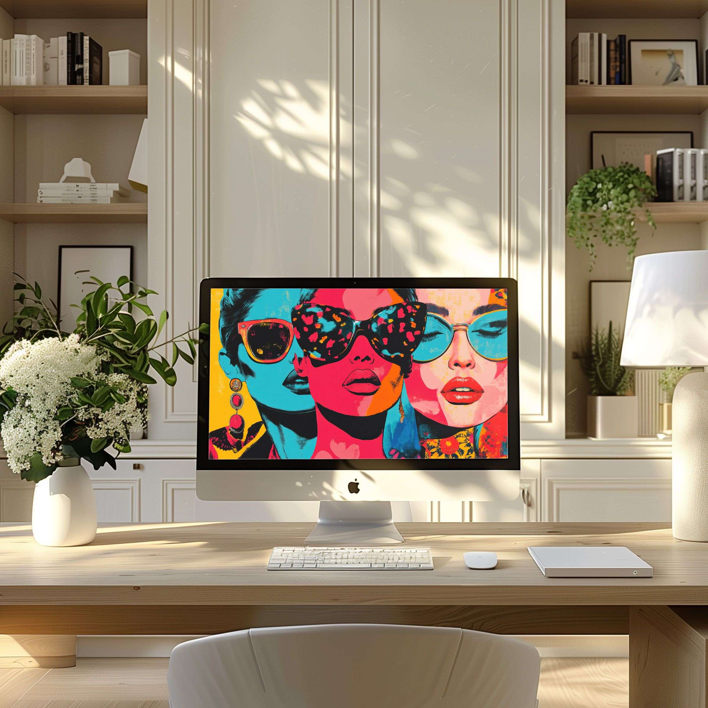 iMac on desk in stylish home office displaying a vibrant pop art wallpaper for Mac featuring bold fashion-inspired portraits in bright neon colors and graphic style