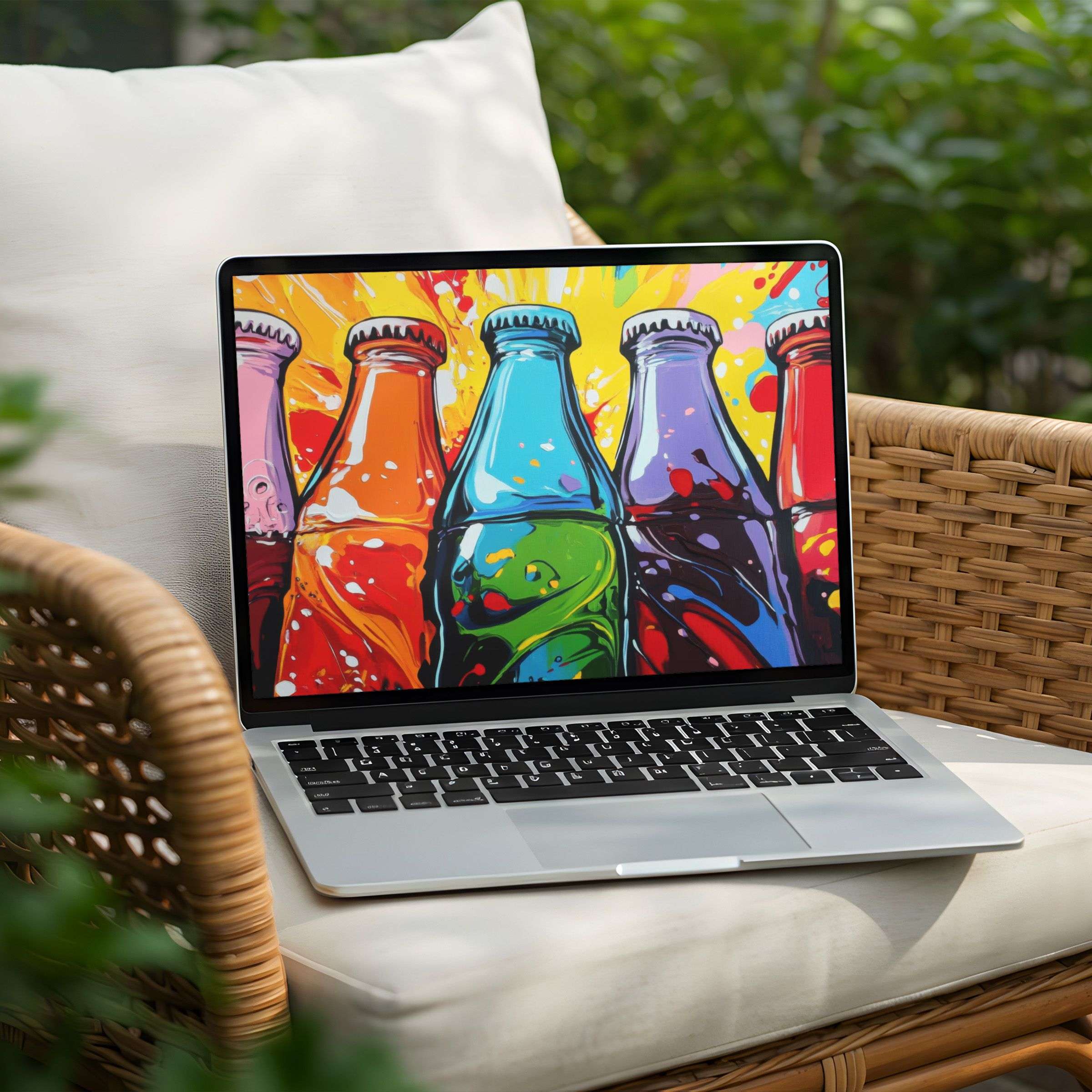 Vibrant desktop background for PC or Laptop showcasing colorful, artistic soda bottles inspiring calm and creativity with instant download
