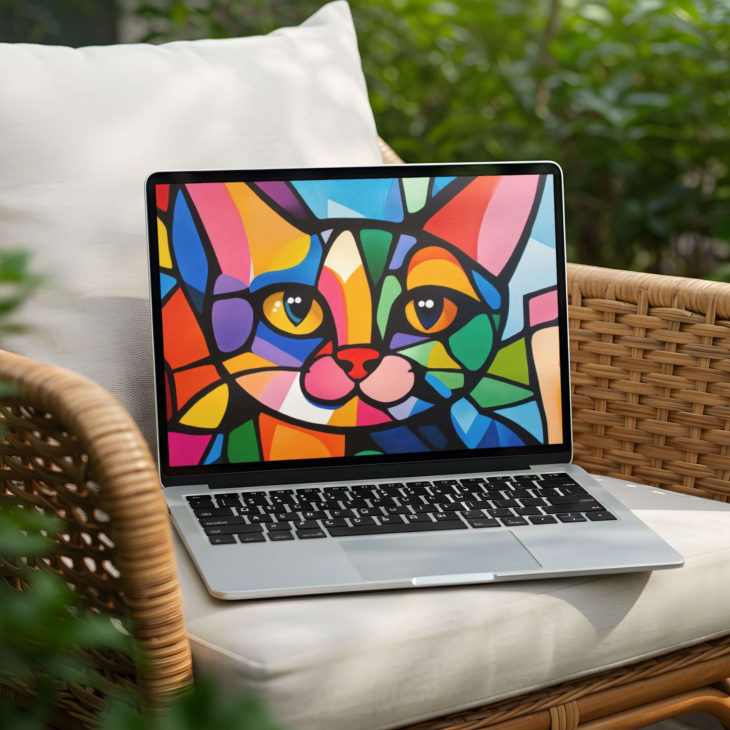 Vibrant stained glass cat desktop background, perfect for PC or Laptop, offers calm inspiration and instant download elegance