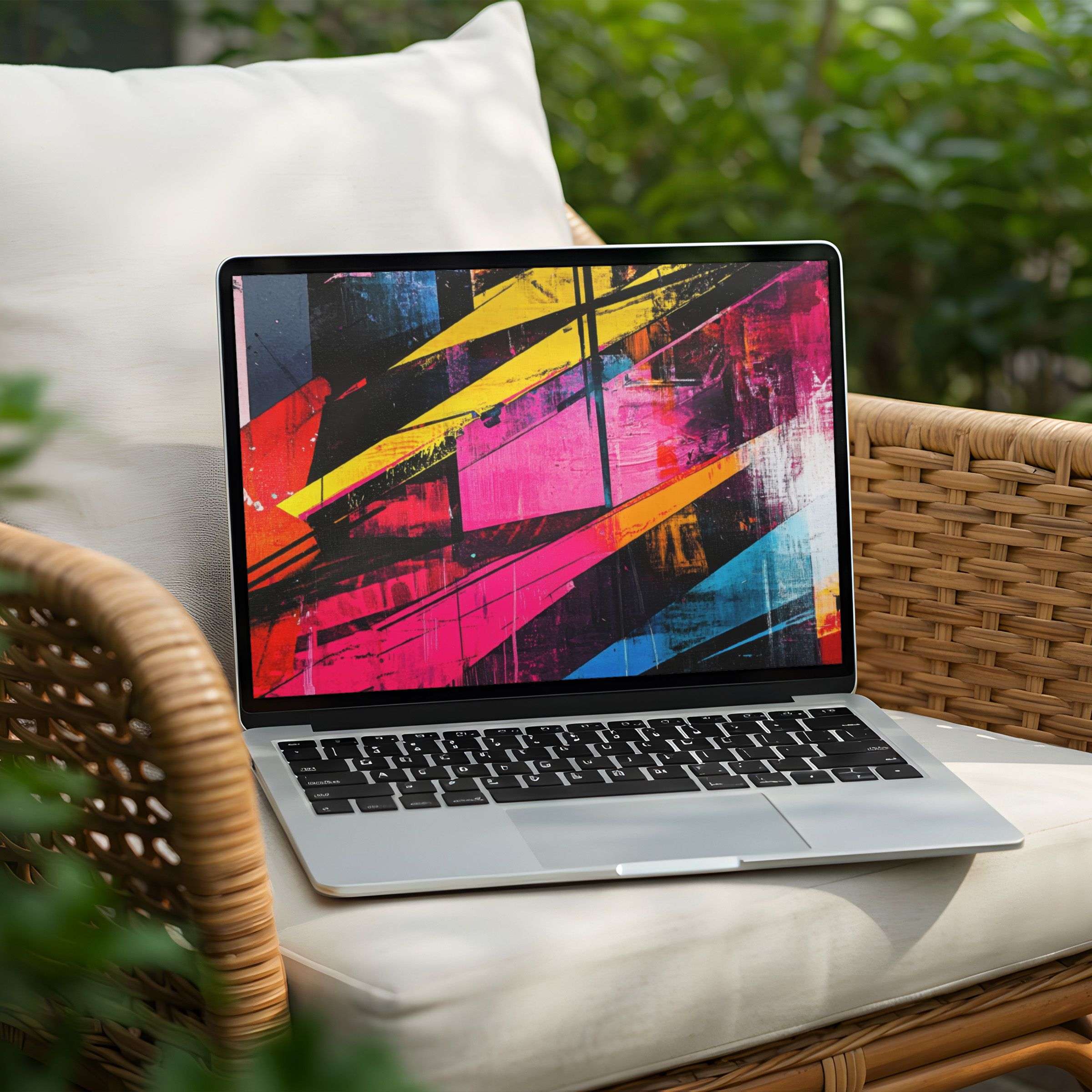 Vibrant abstract art on a Laptop screen for an elegant desktop background, offering instant download for PC and design inspiration
