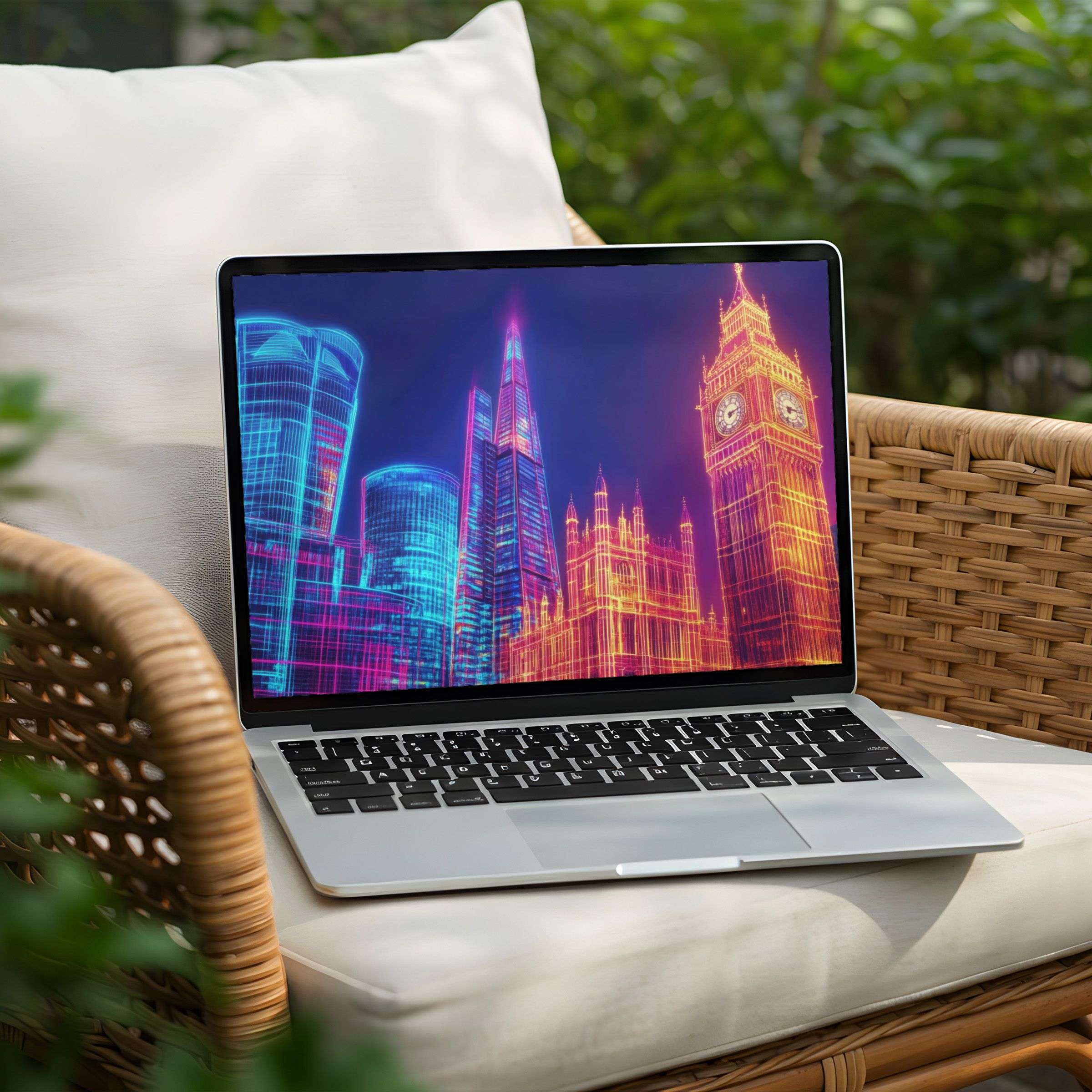 Vibrant neon cityscape desktop background on Laptop in serene garden setting, offering instant download for PC elegance and calm