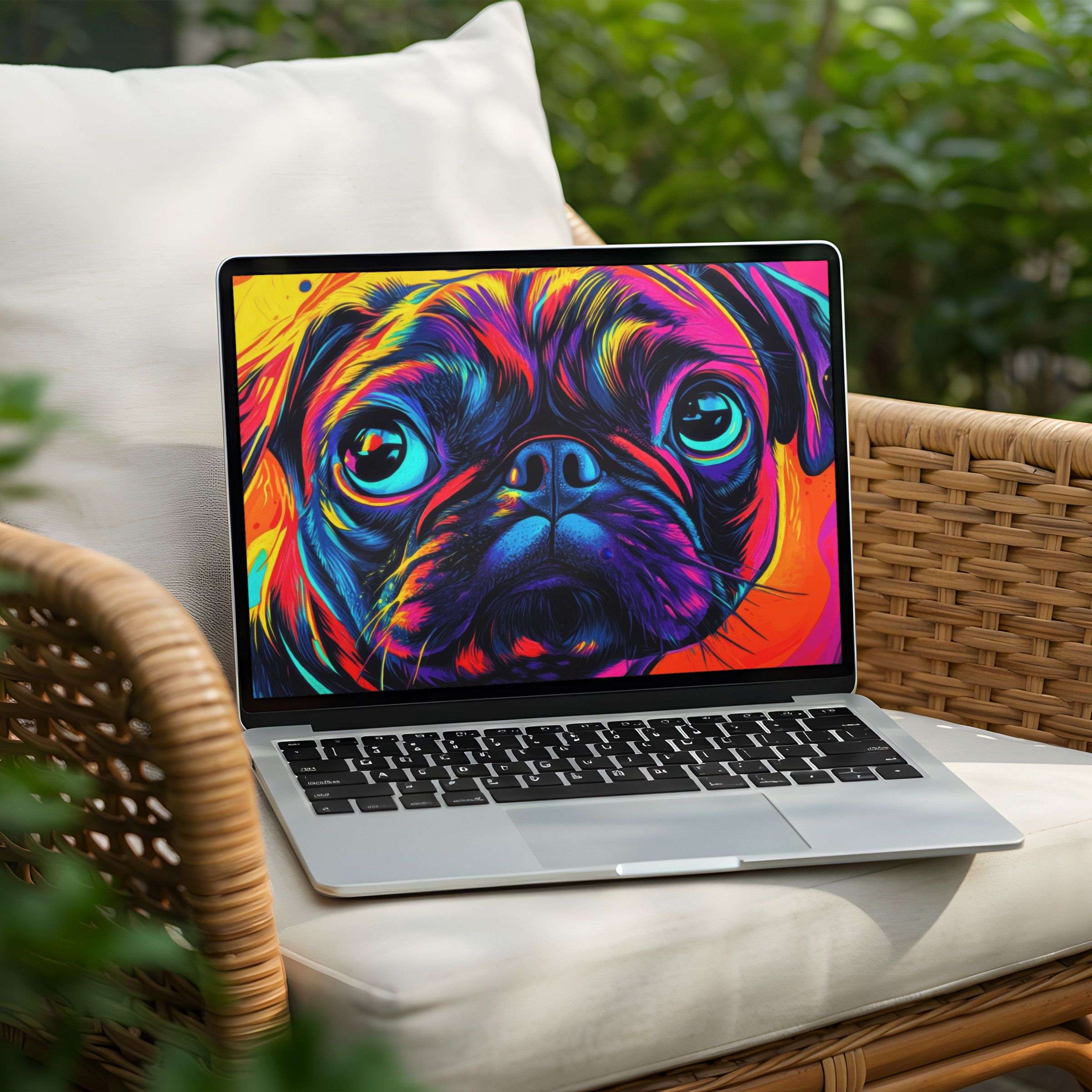 Vibrant pug art desktop background for PC and Laptop instant download elevates calm elegance and creative inspiration