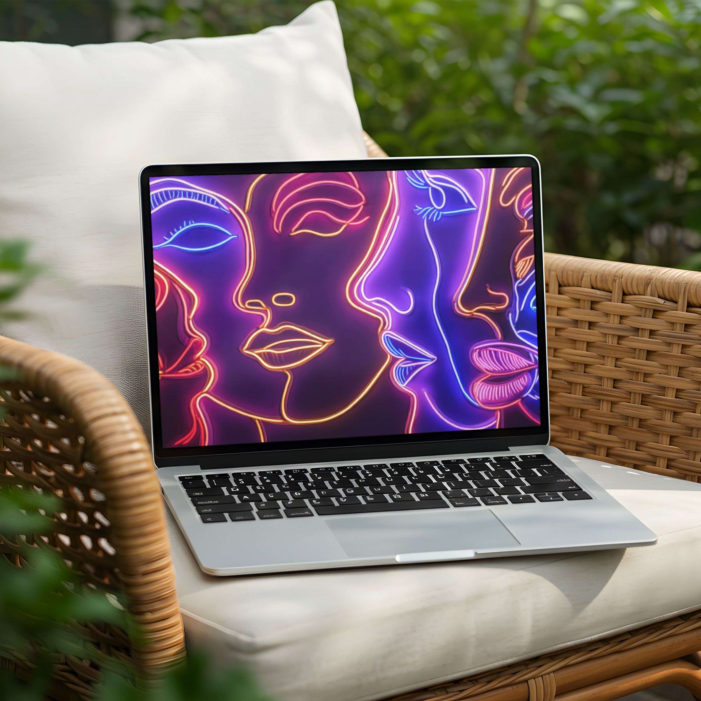 Vibrant neon faces line art as a desktop background for PC and Laptop brings instant download elegance and visual inspiration