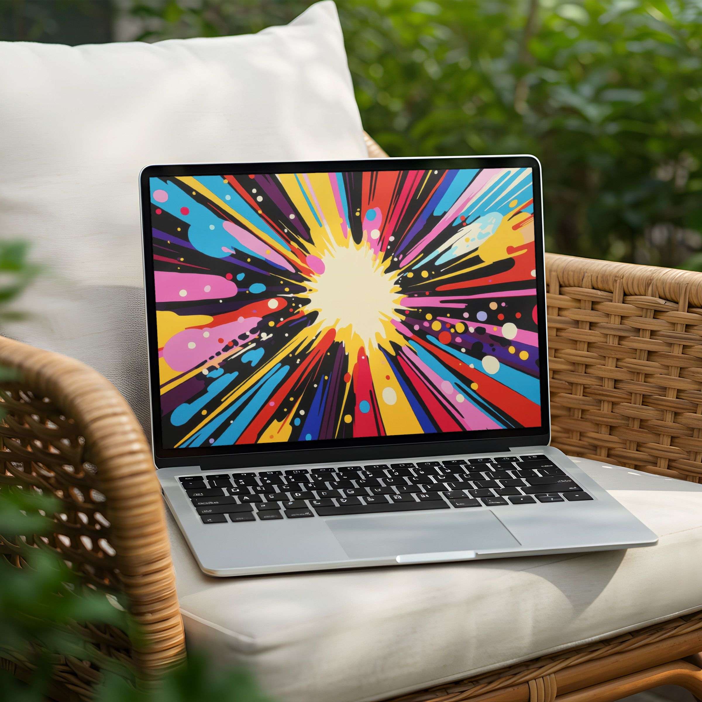 Vibrant burst digital art desktop background on laptop offers instant download for PC inspiring calm and mindful elegance