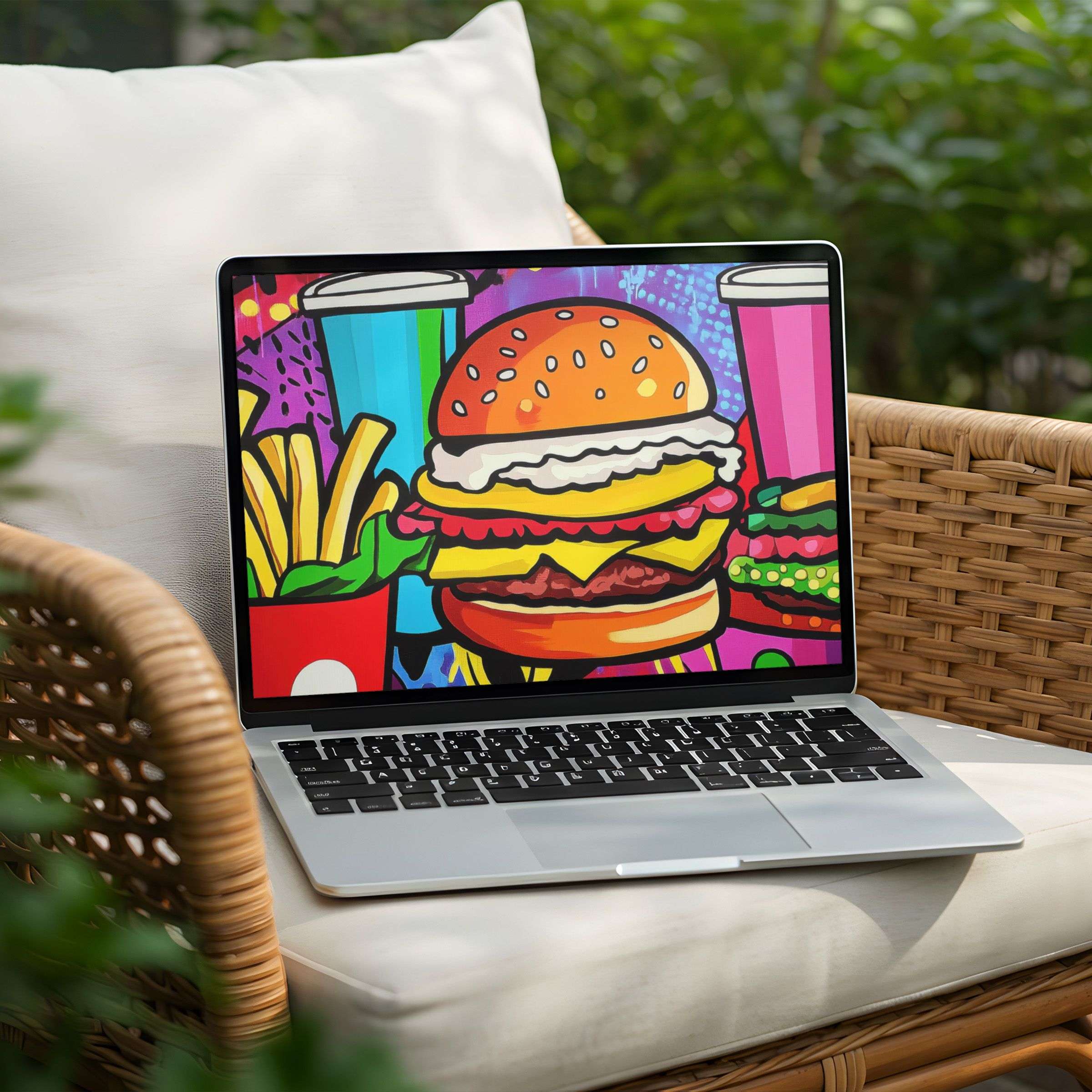 Vibrant pop art burger desktop background for PC or Laptop offers instant download; infuse your screen with bold inspiration