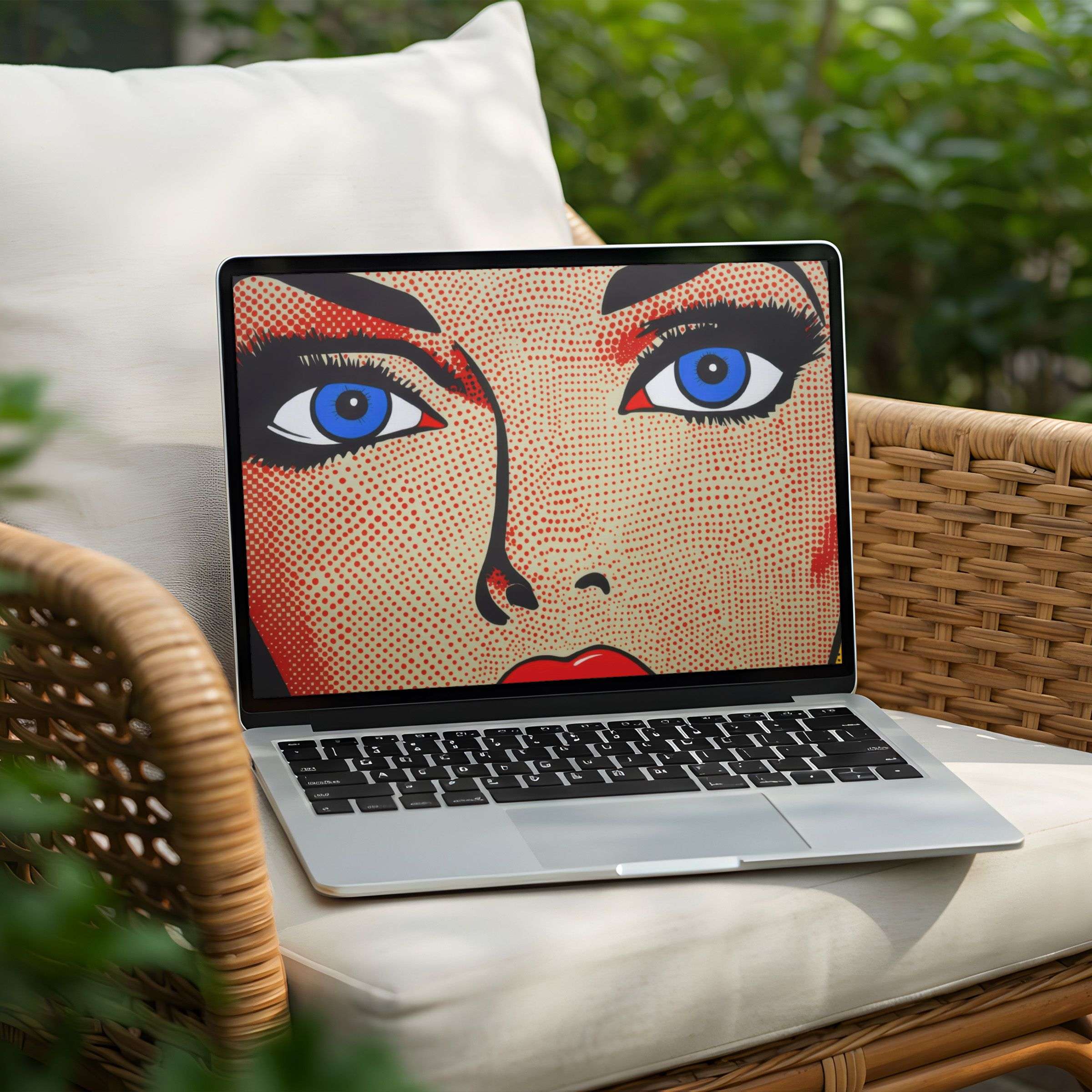 Vibrant pop art woman desktop background for PC and laptop, offering instant download for elegance and mindfulness in design