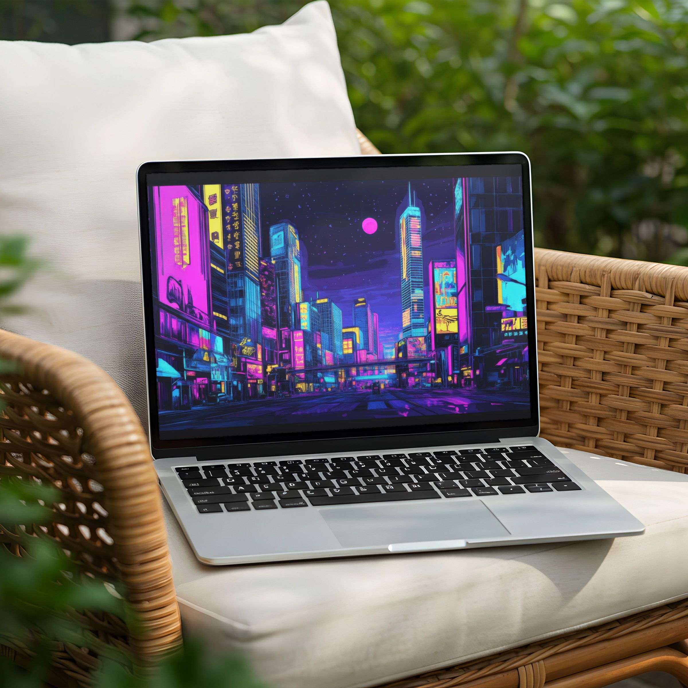 Vibrant neon cityscape desktop background for PC or Laptop as instant download inspiring elegance and calm mindfulness