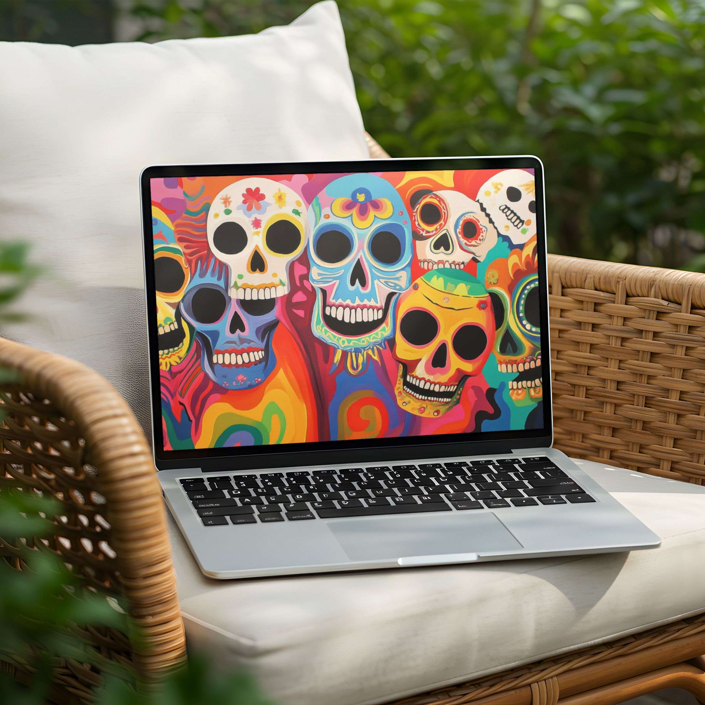 Vibrant skull art desktop background for PC or Laptop, an instant download to inspire creativity and enhance mindfulness in calm settings