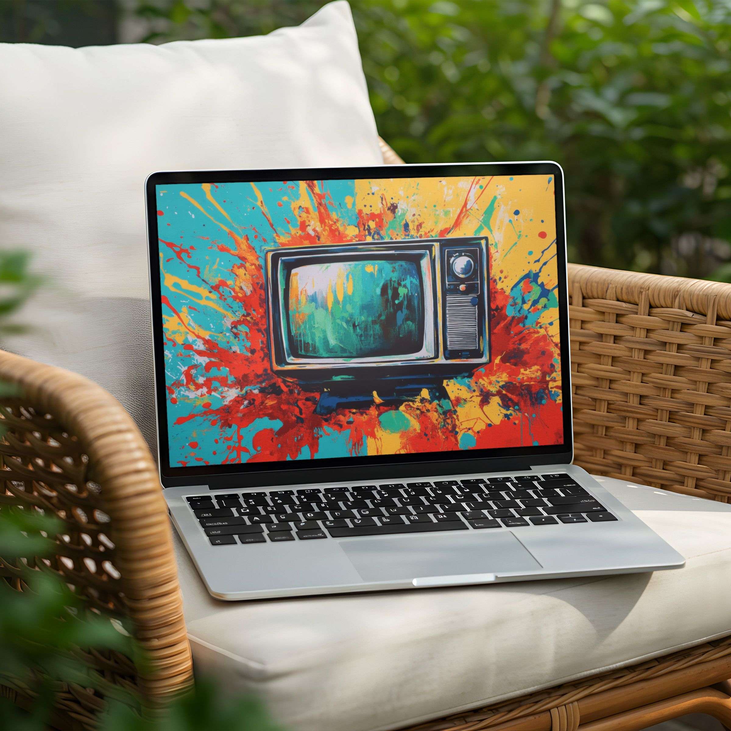 Colorful abstract TV art as a desktop background on a laptop offers instant download for a calm, inspiring PC visual experience