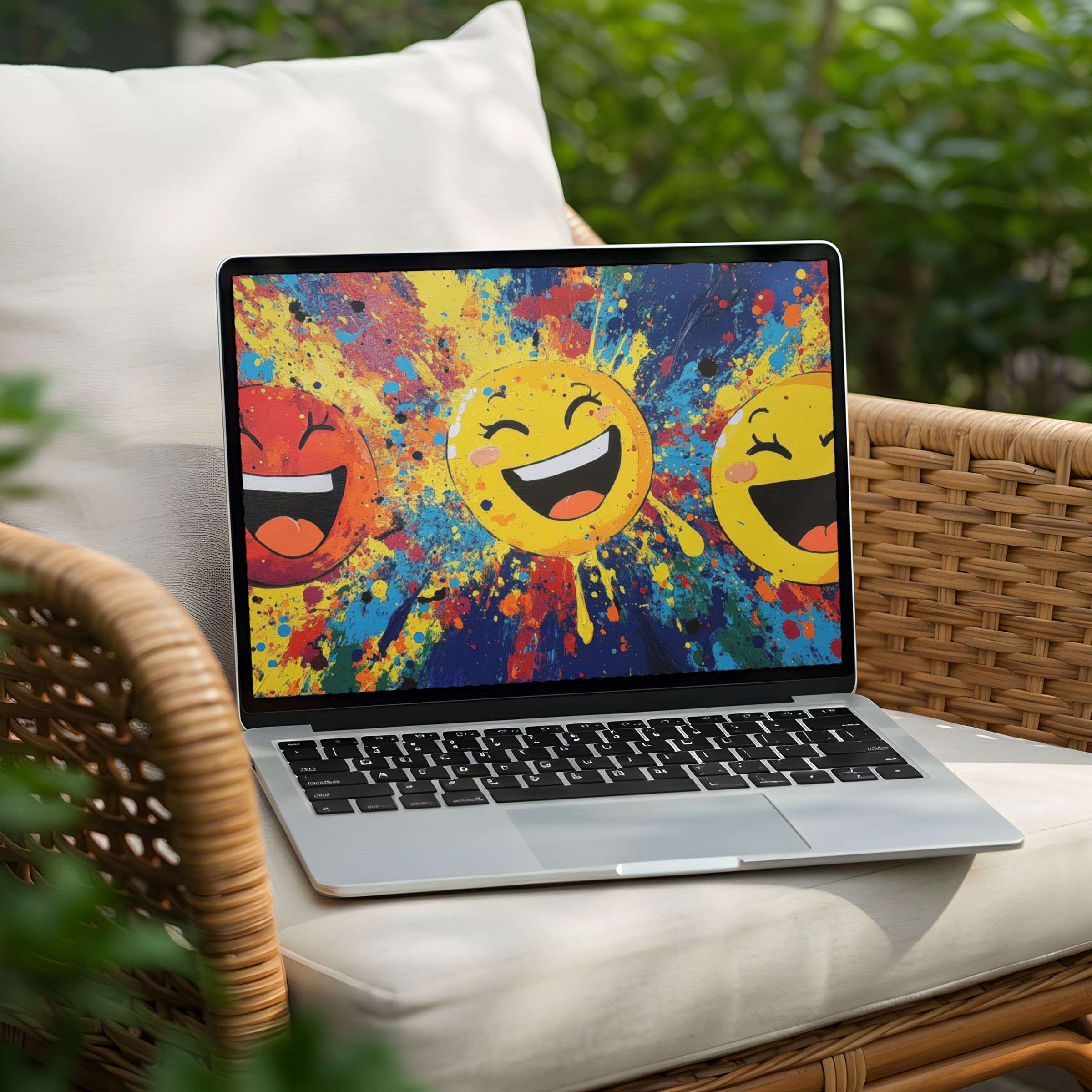 Colorful abstract splash art with cheerful emojis for PC or Laptop desktop background instant download for an inspiring vibe