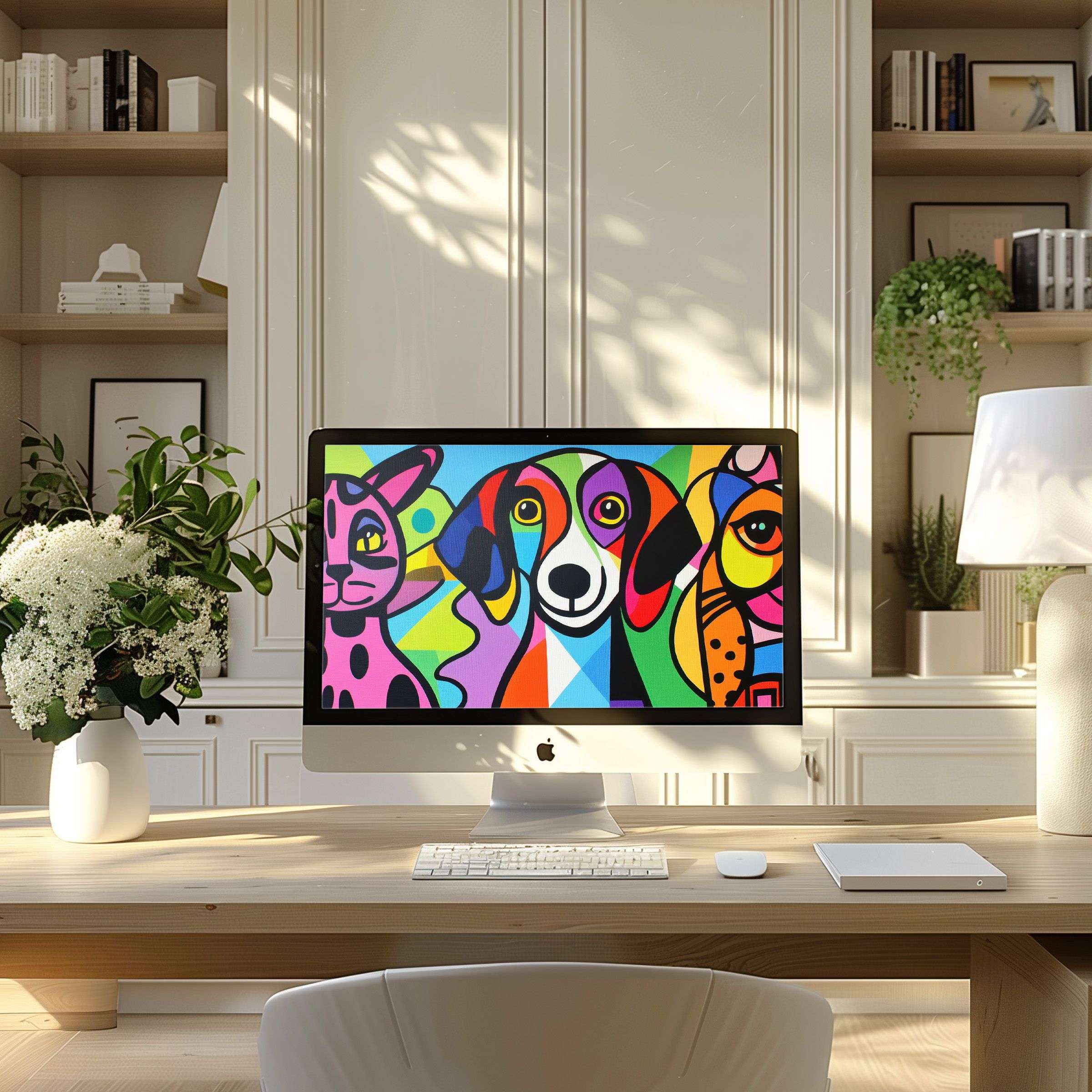 Colorful abstract animal art creates a calming, elegant space in modern home office, perfect as wallpaper for computer, PC, or laptop