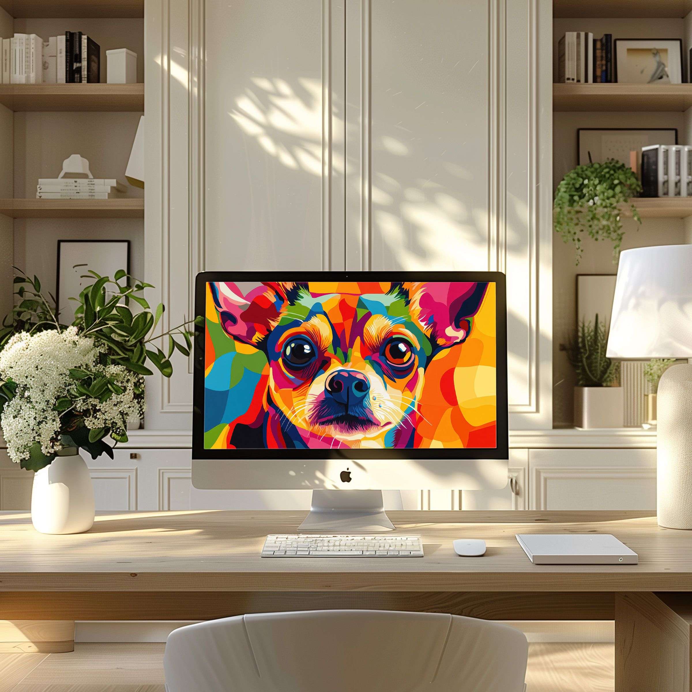 Vibrant pop art dog wallpaper for computer adds elegance to modern home office, fits PC, Laptop, ultrawide, digital download