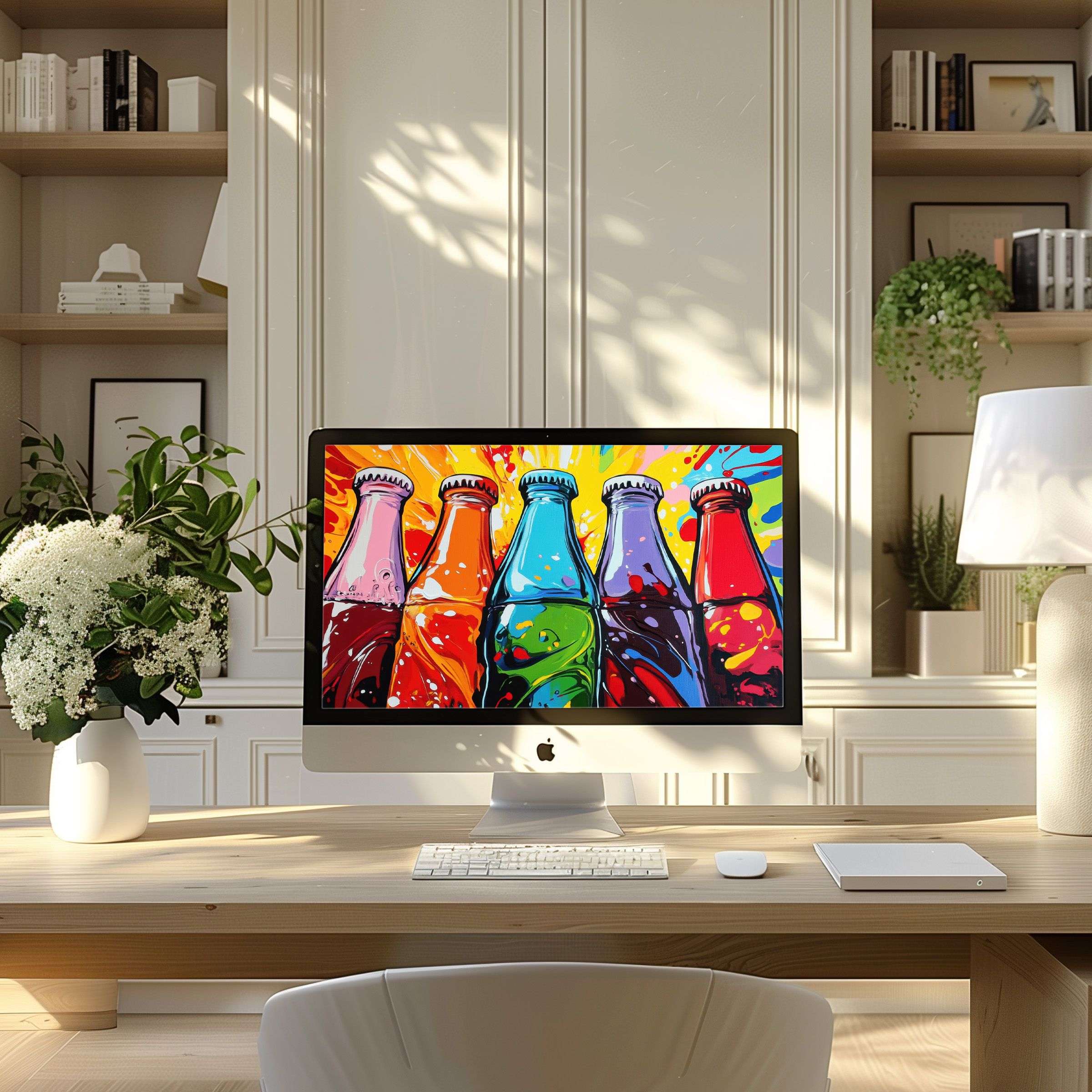 Vibrant abstract bottle art as elegant wallpaper for computer, enhancing inspiration in a modern home office perfect for PC or Laptop