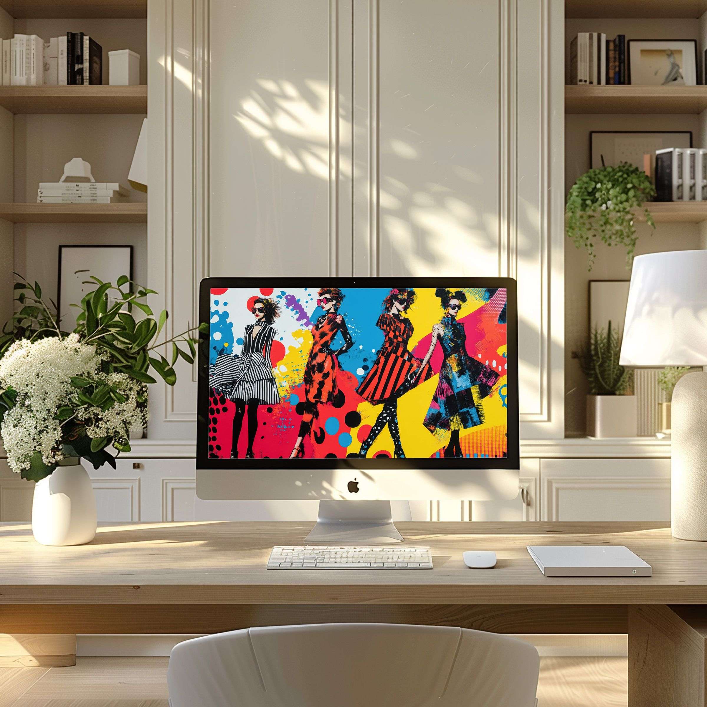 Vibrant fashion art wallpaper for computer inspires elegance in modern home office; perfect for PC, laptop, and digital download