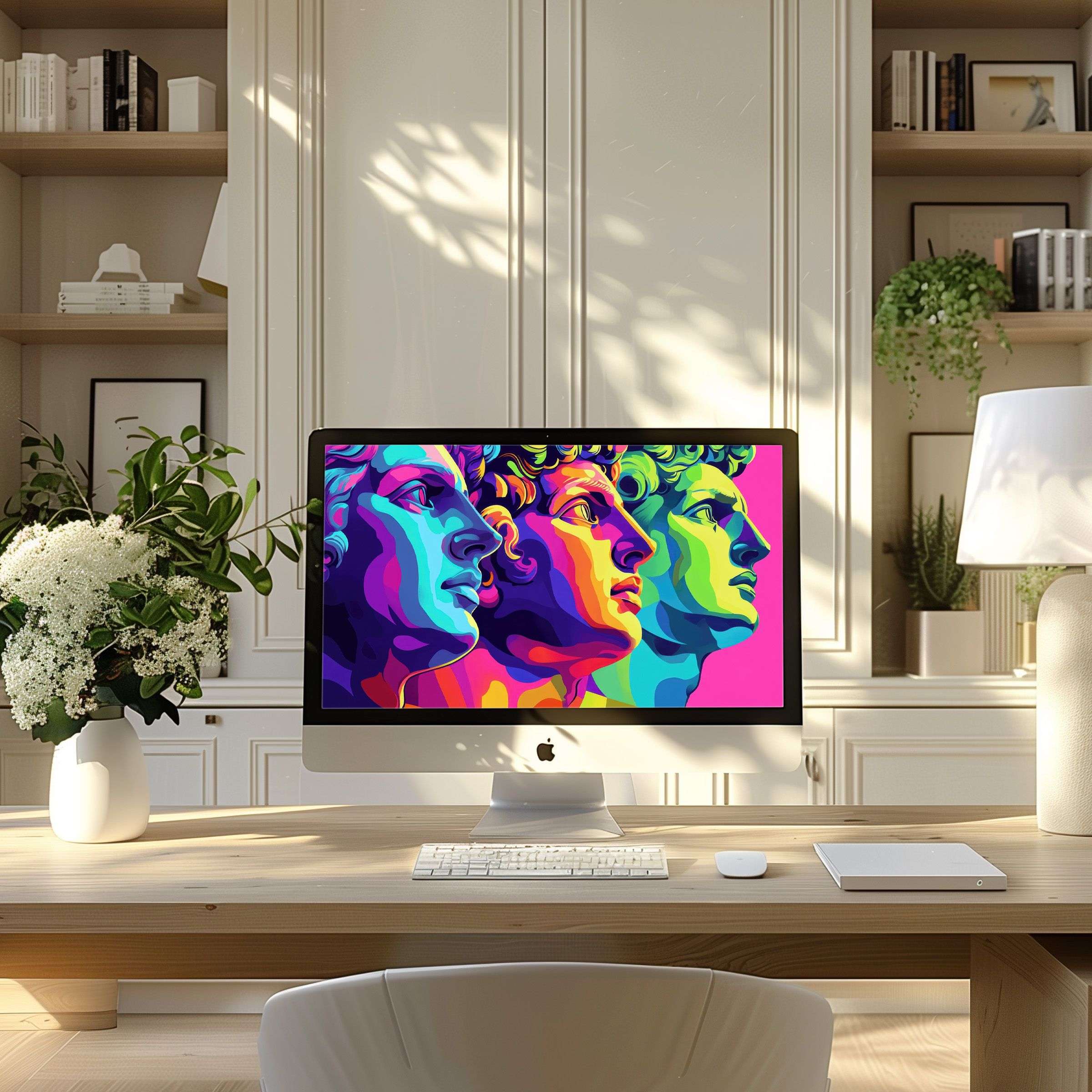 Colorful classic-inspired digital art offers elegant wallpaper for computer, PC, laptop in a modern, serene home office setup