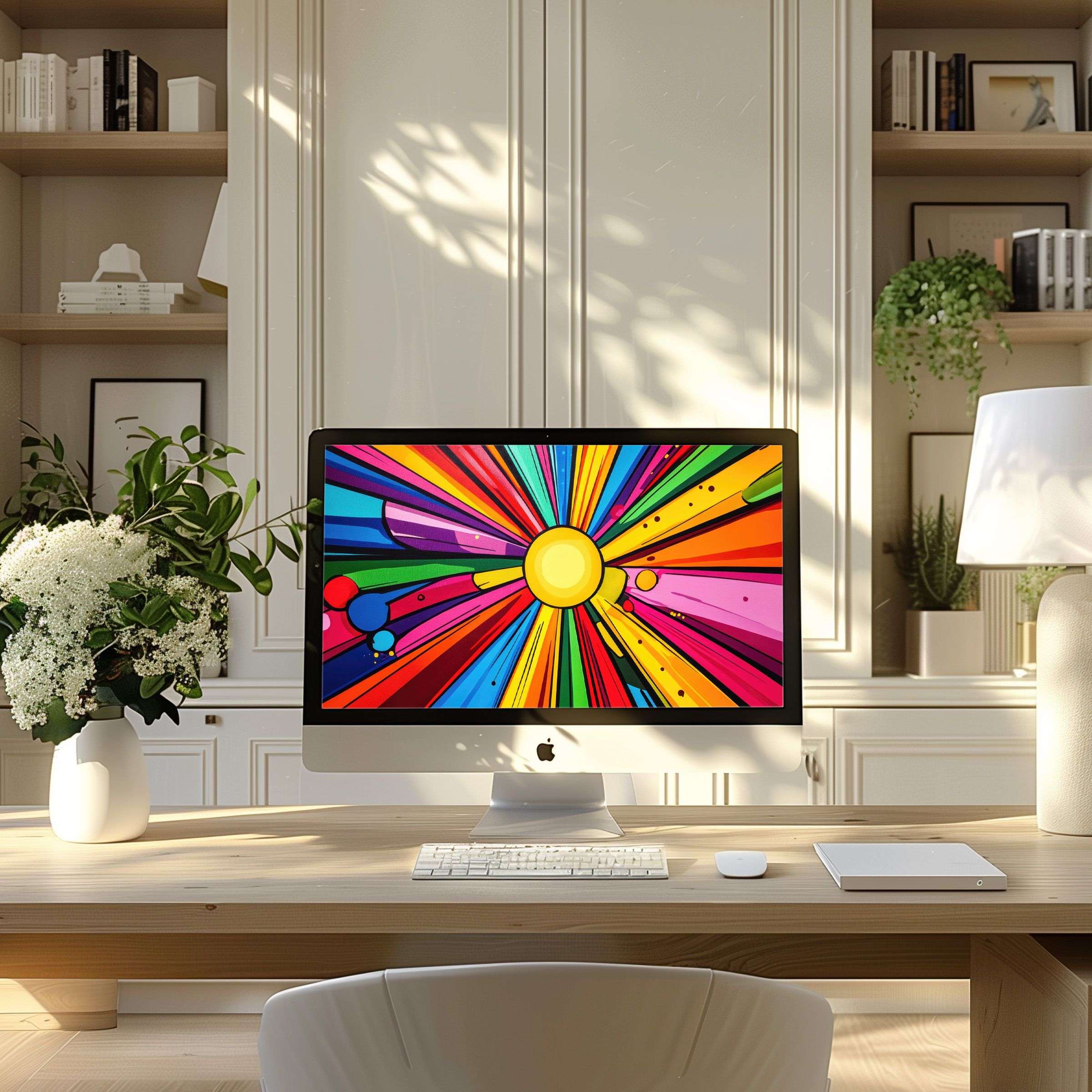 Vibrant rainbow burst digital art, perfect wallpaper for computer, PC, or laptop, enhancing your modern, elegant home office serenity