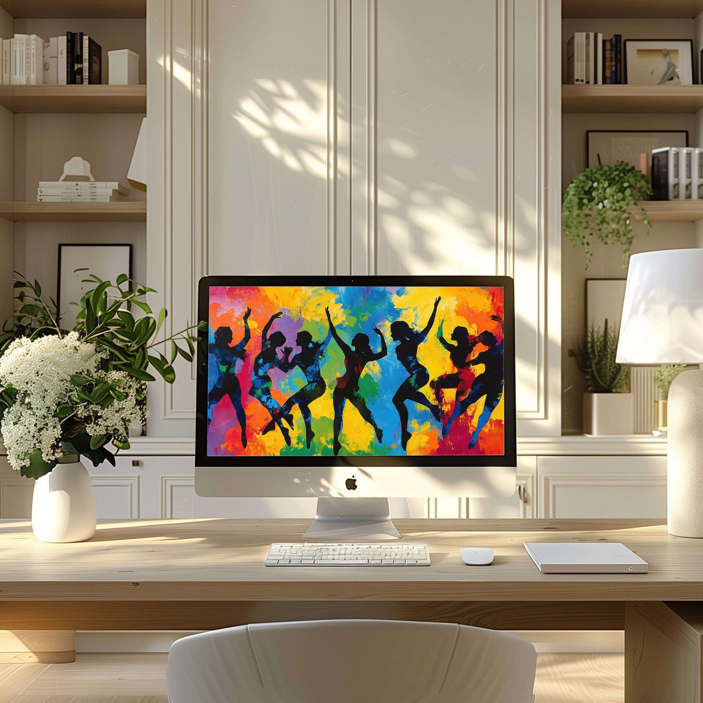 Vibrant silhouettes dance on a colorful abstract backdrop, perfect wallpaper for computer, PC, or laptop in a modern home office setting