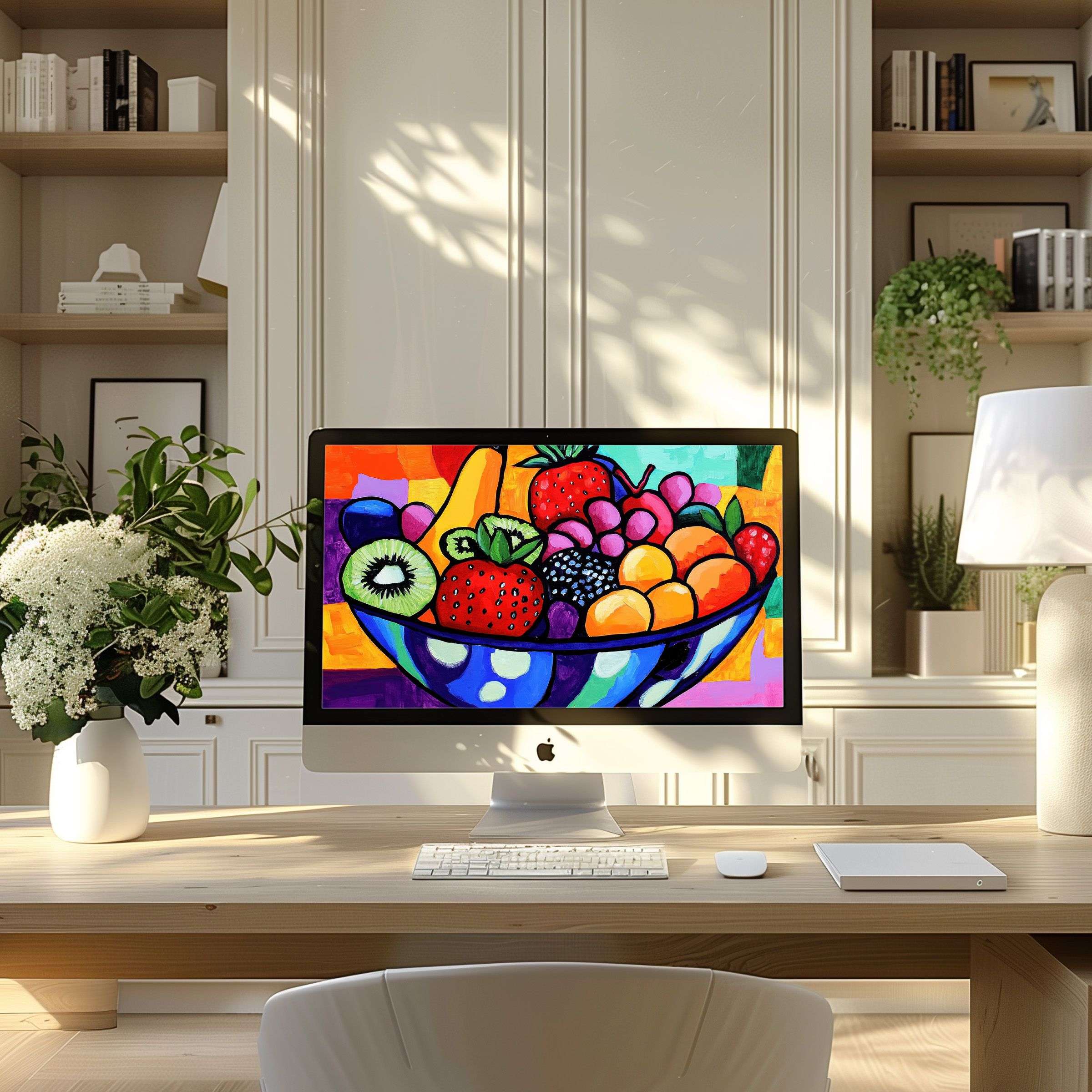 Vibrant fruit bowl digital art wallpaper for computer, perfect for PC or laptop in a serene, modern home office setup