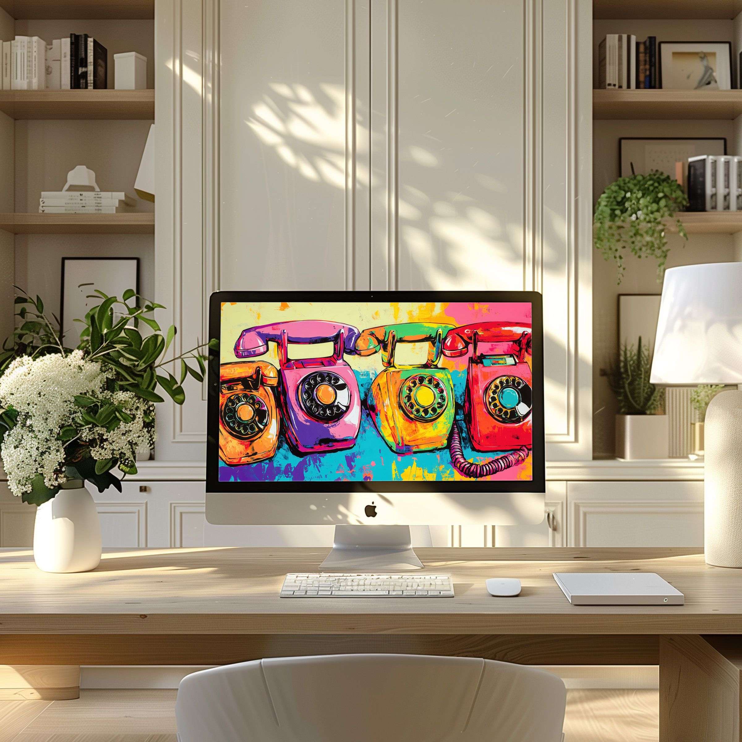 Vibrant retro phone motif wallpaper for computer offers elegance and calm for your PC or laptop, fitting any modern home office