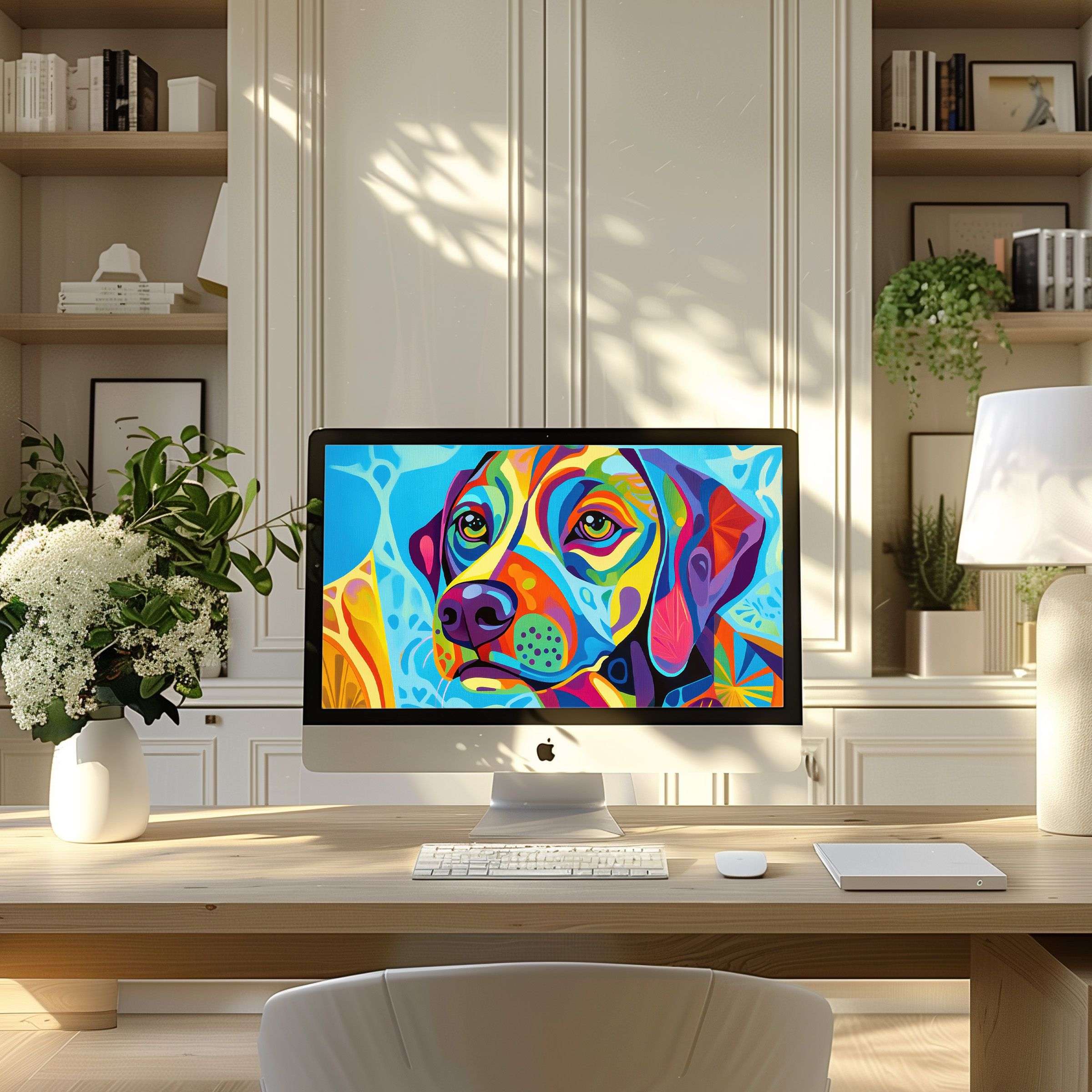 Vibrant dog artwork wallpaper for computer, PC, laptop; inspires calm and elegance in a modern, serene home office setting