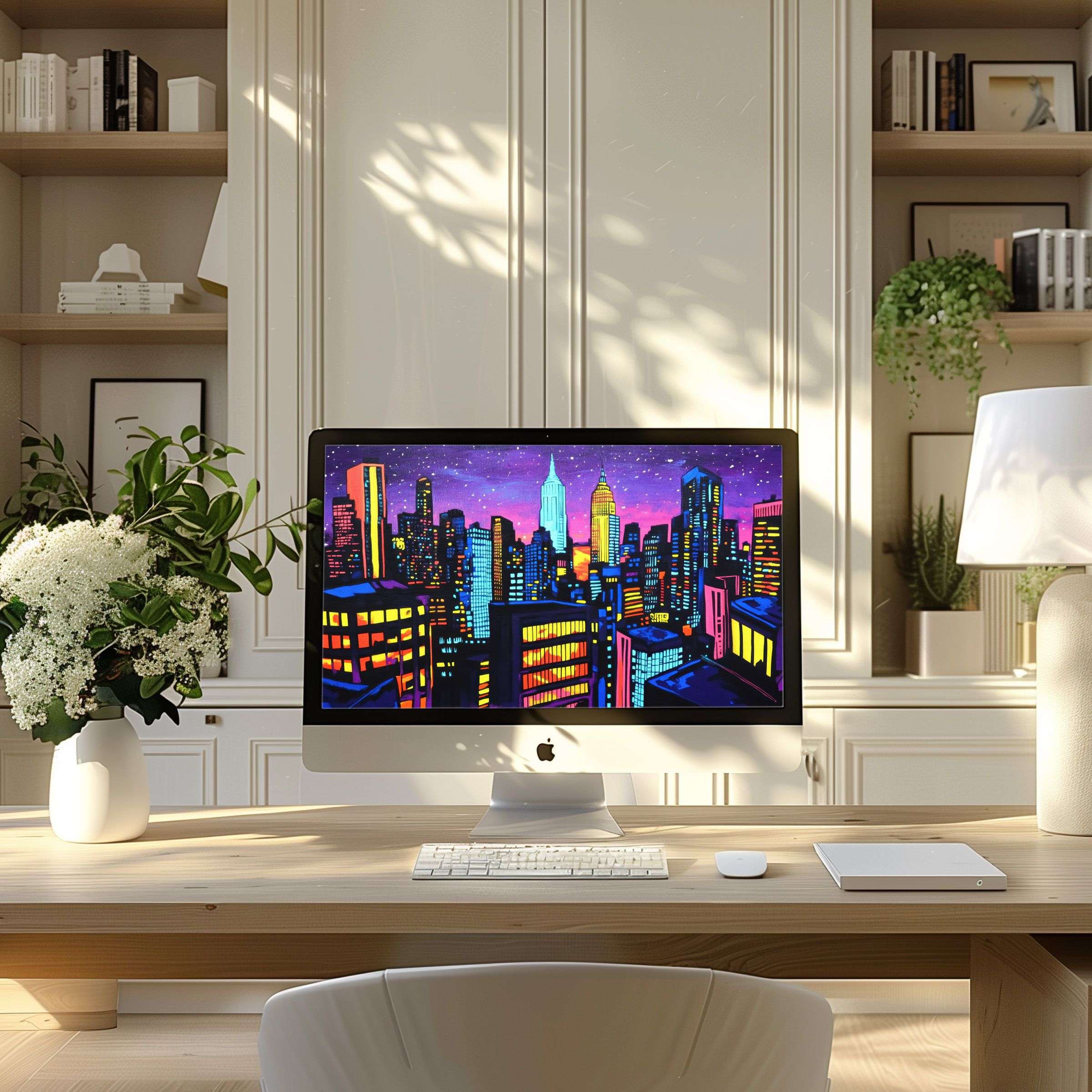 Vibrant cityscape wallpaper for computer brings elegance and calm, fits PC or laptop in a modern, inspiring home office
