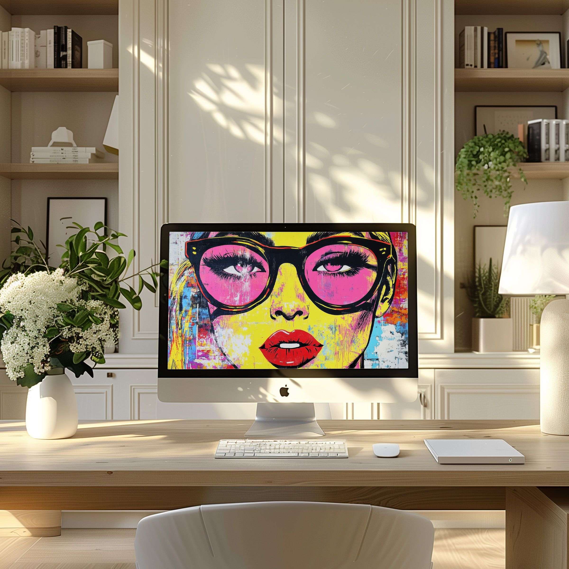 Elegant digital art wallpaper for computer featuring vibrant pop art in a modern home office setting fits PC and Laptop effortlessly