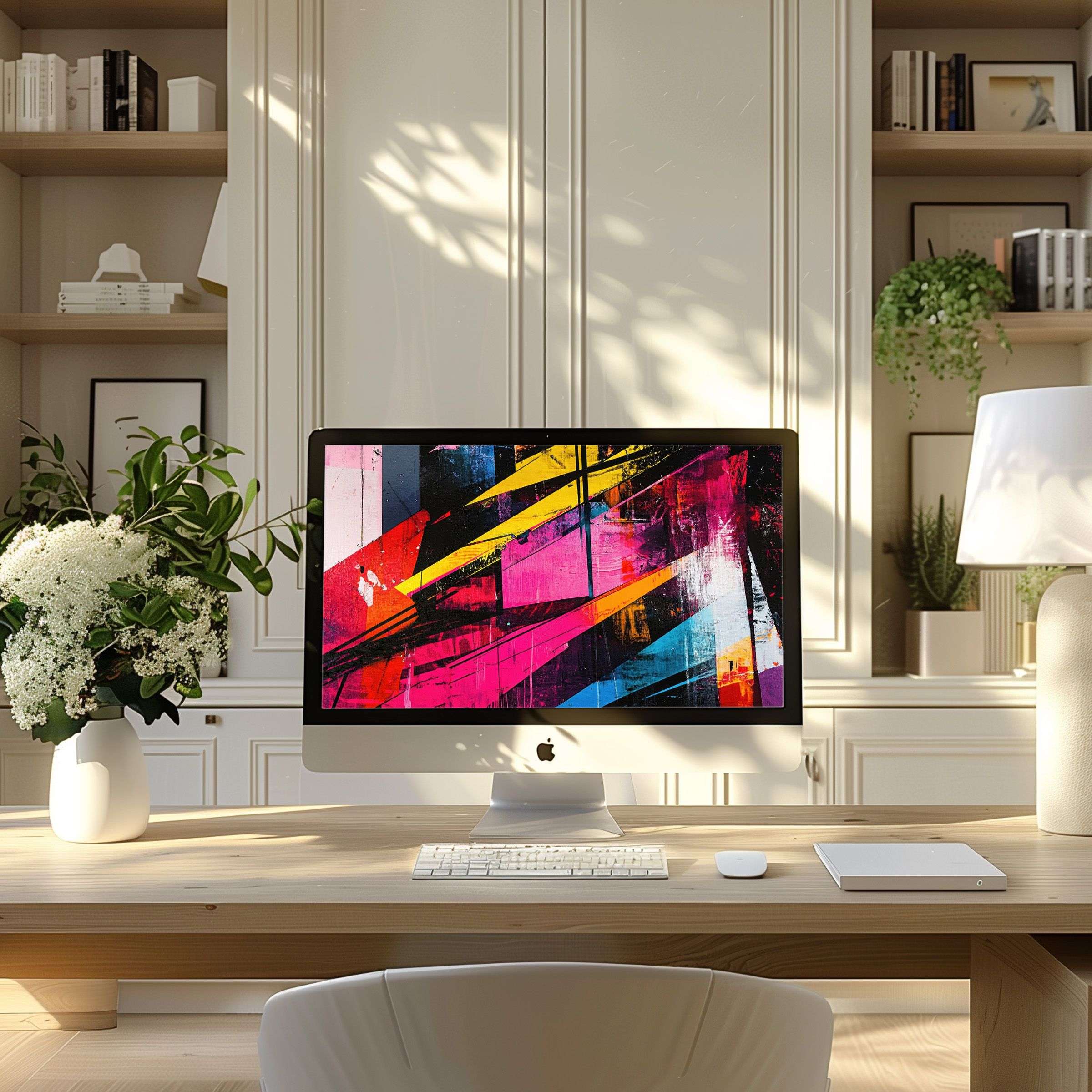 Abstract colorful digital art brings calm and elegance to a modern home office, perfect wallpaper for computer, PC, and laptop
