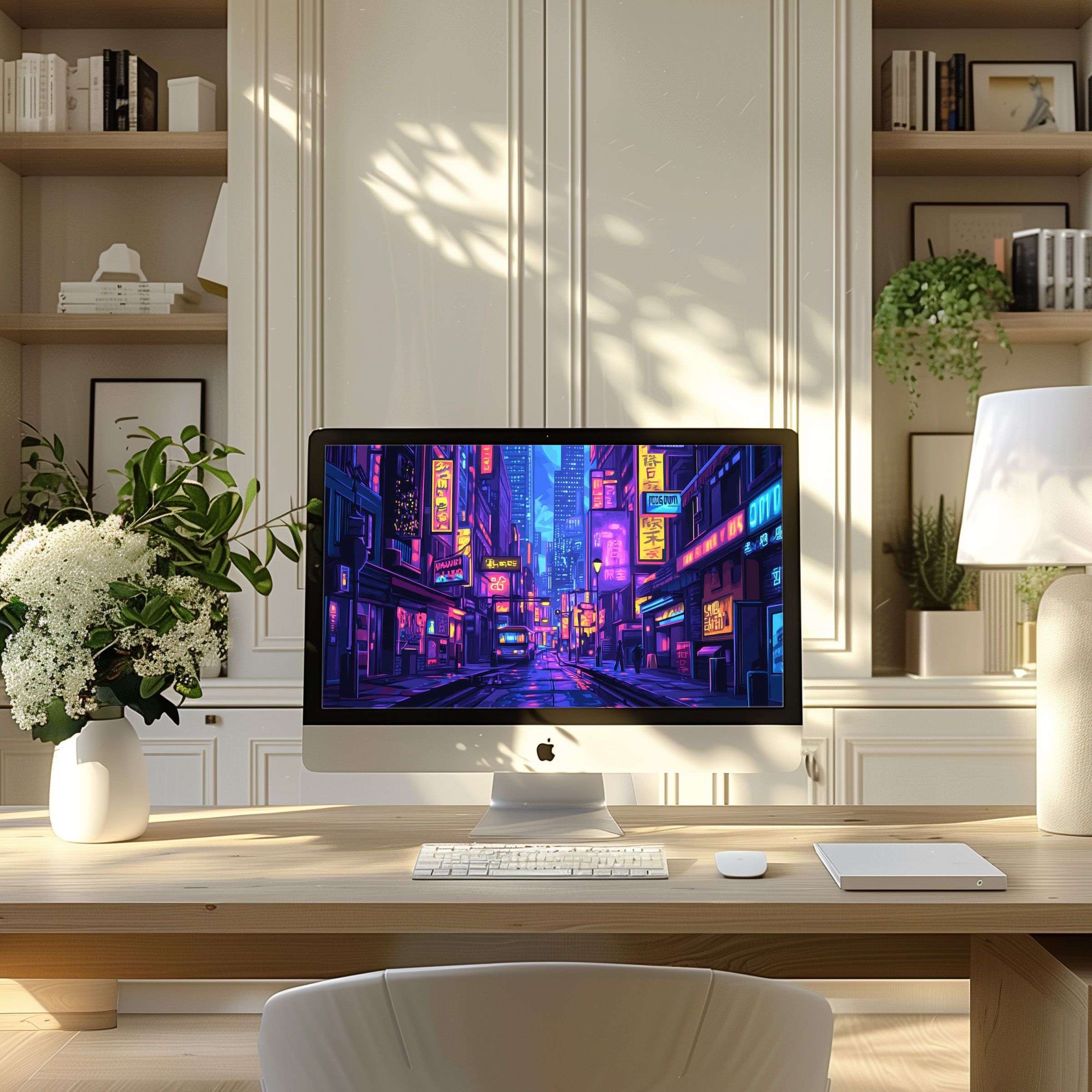 Vibrant cityscape digital art wallpaper for computer adds elegance and inspiration to a modern home office on PC or laptop