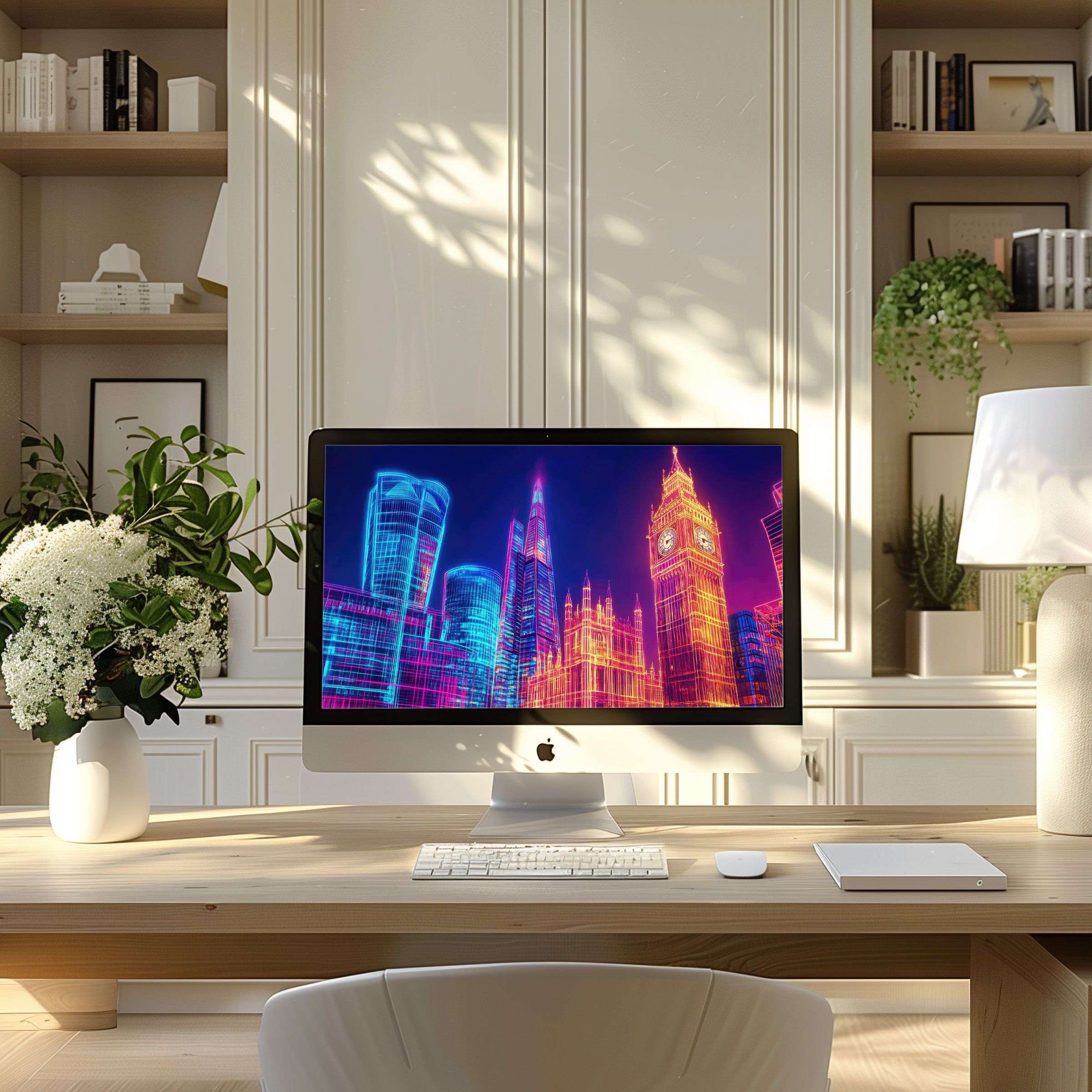 Ultramodern neon cityscape wallpaper for computer, perfect for adding calm elegance to any PC or Laptop in a chic home office setting