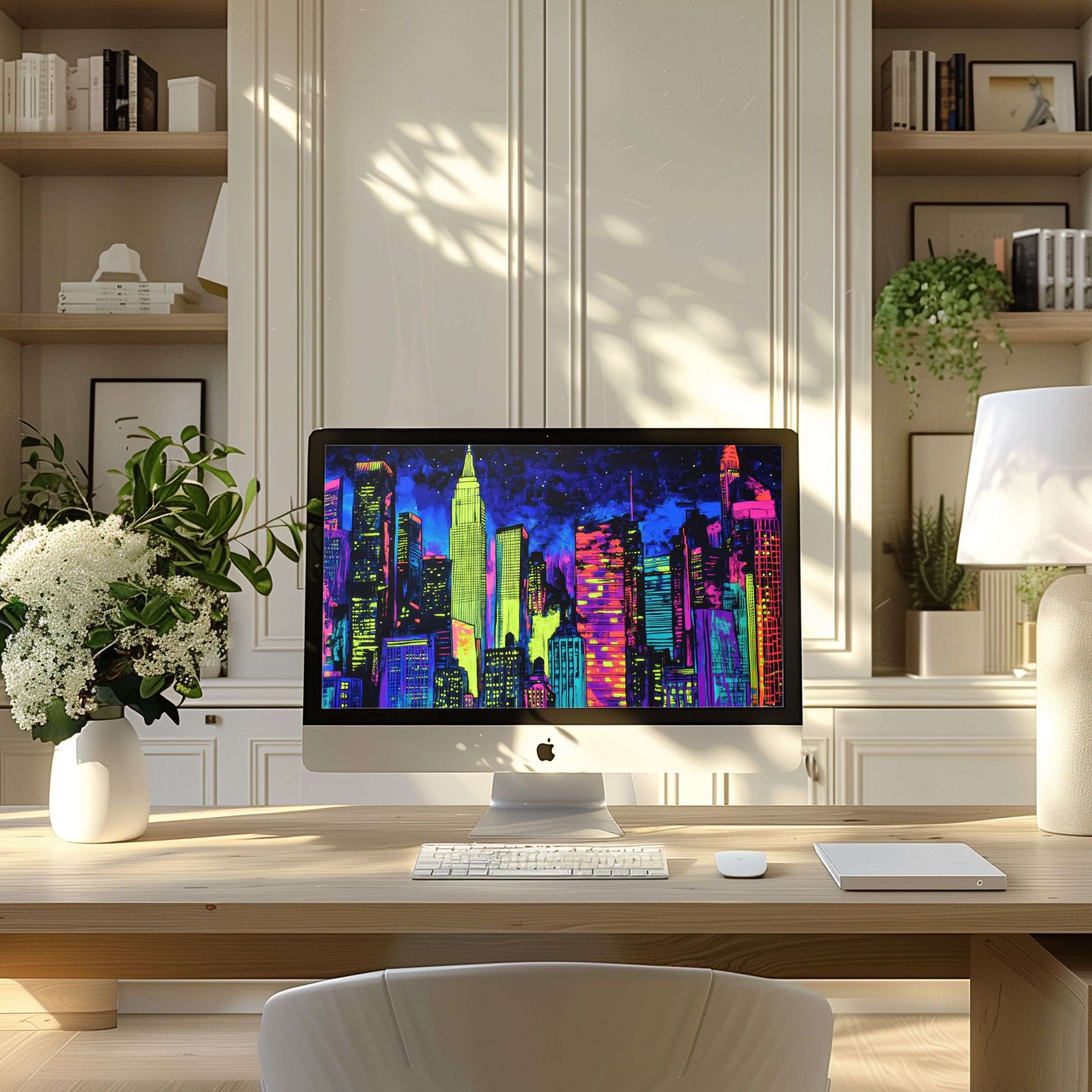 Colorful cityscape wallpaper for computer on modern desk inspires calm and elegance, perfect for PC and laptop, digital download