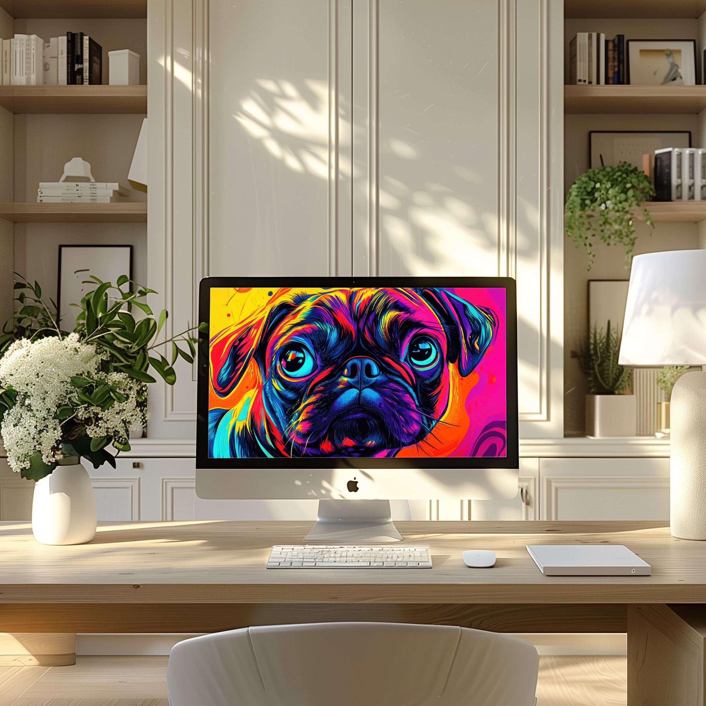 Vibrant digital art of a pug enhances calm in a modern home office, perfect wallpaper for computer, PC, laptop, or ultrawide display