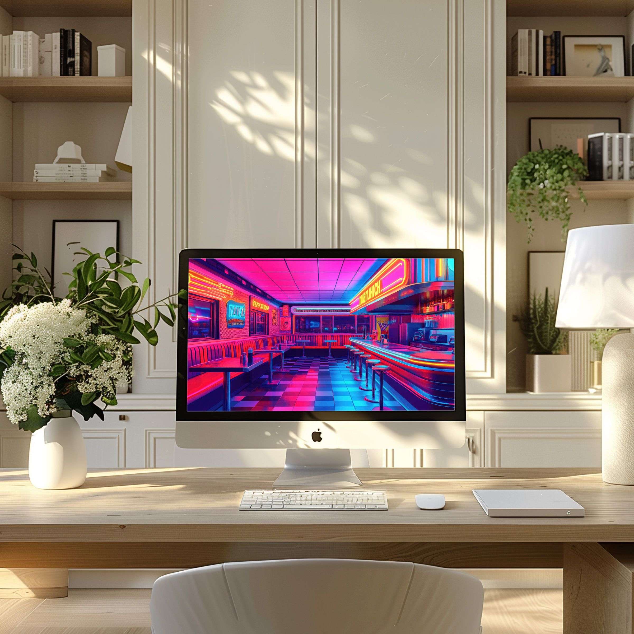 Retro neon diner digital art wallpaper for computer adds vibrant elegance to modern home office setup on PC or Laptop