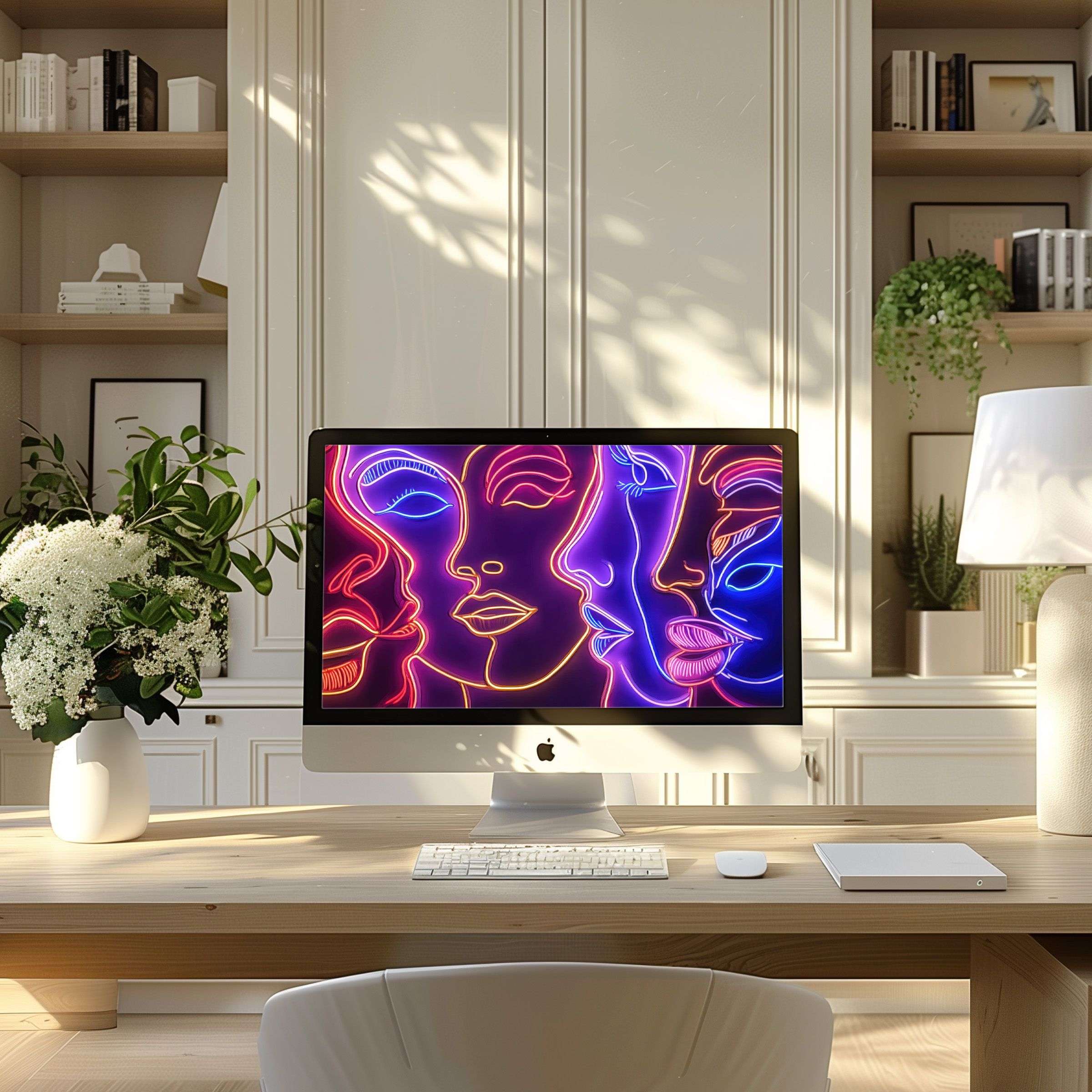 Elegant neon line art wallpaper for computer on modern desk, perfect for PC and laptop, inspires calm and stylish creativity