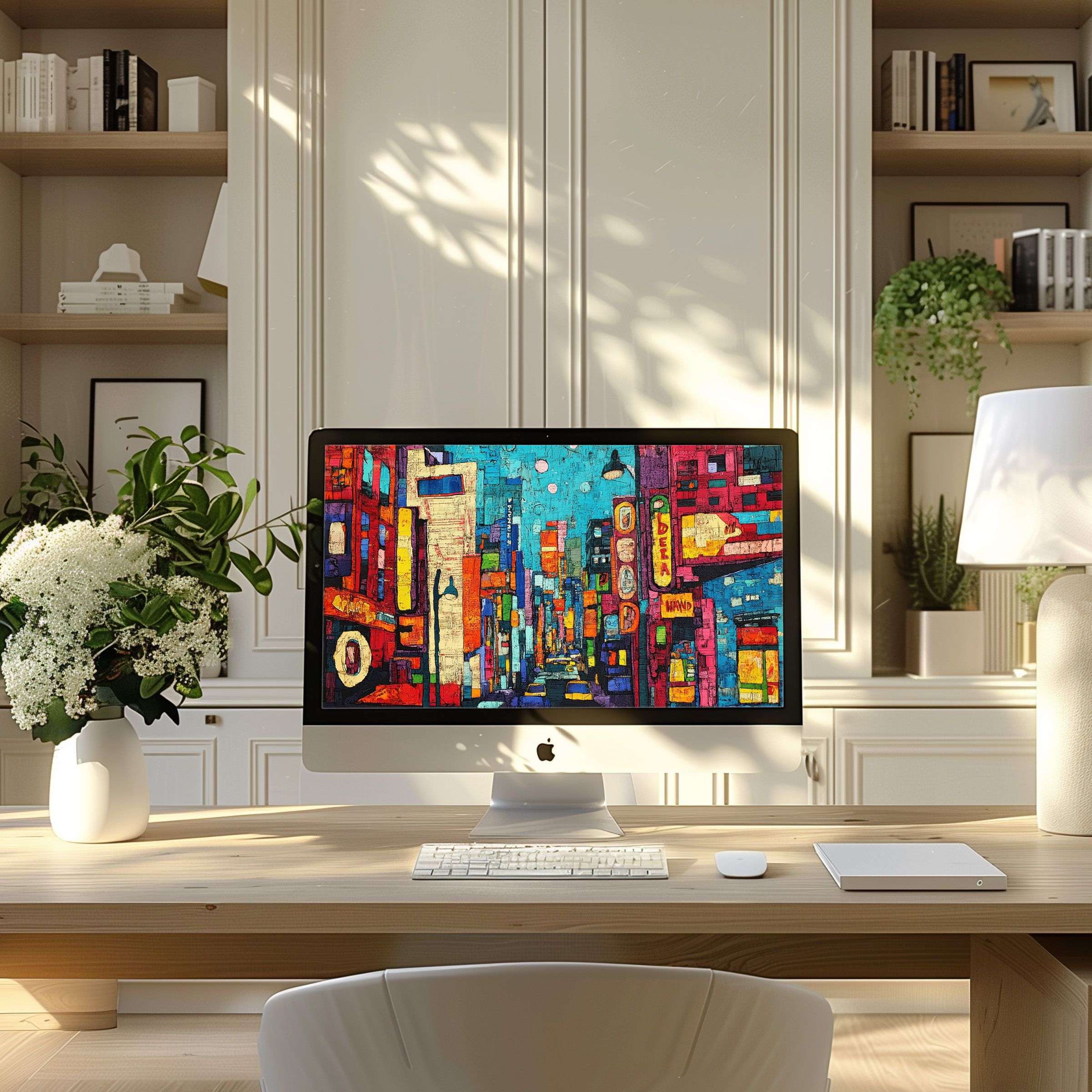 Vibrant cityscape digital art as a wallpaper for computer PC or laptop adds elegance and calm to any modern home office setup
