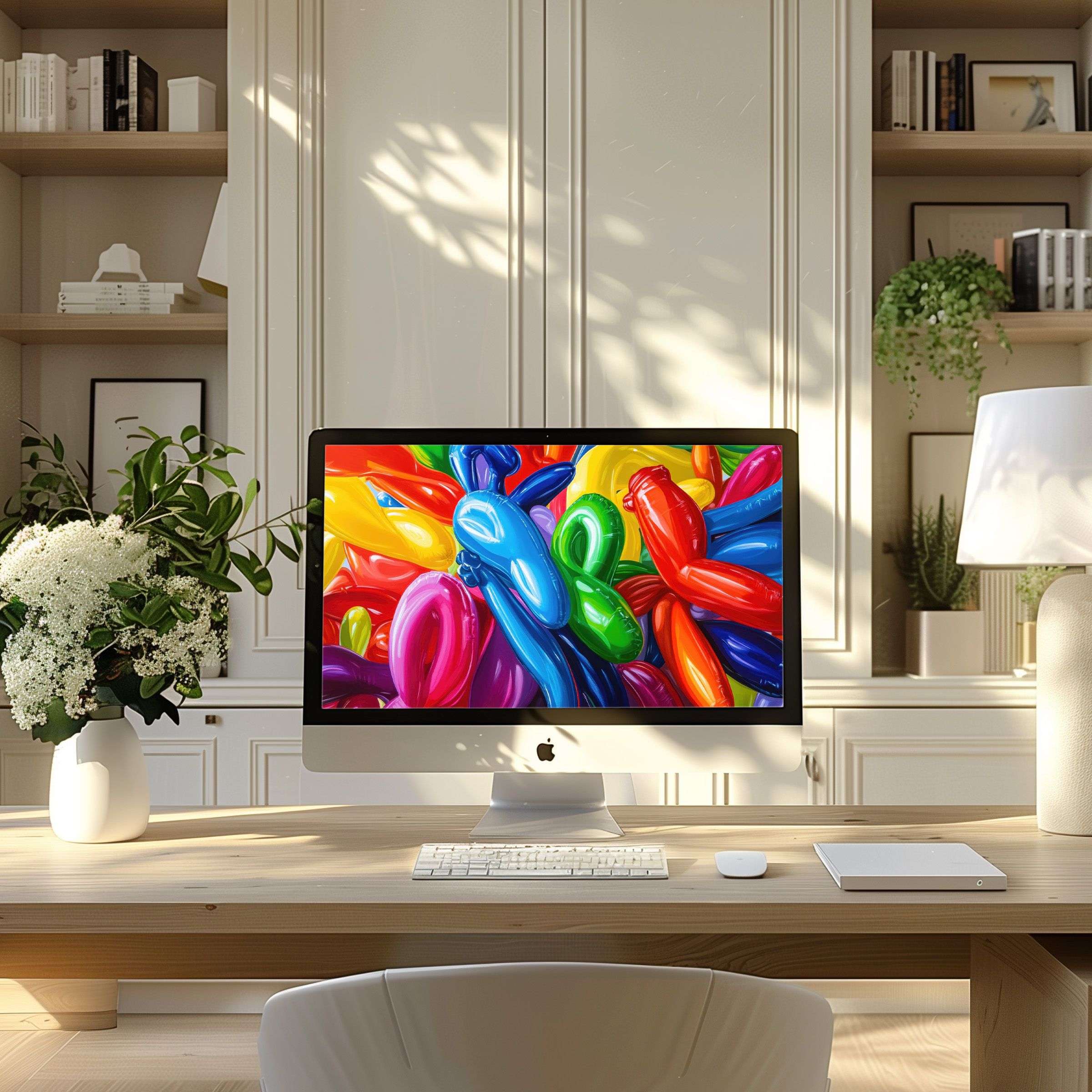 Vibrant balloon art wallpaper for computer enhances modern desk space, ideal for PC or laptop, inspiring calm elegance and creativity