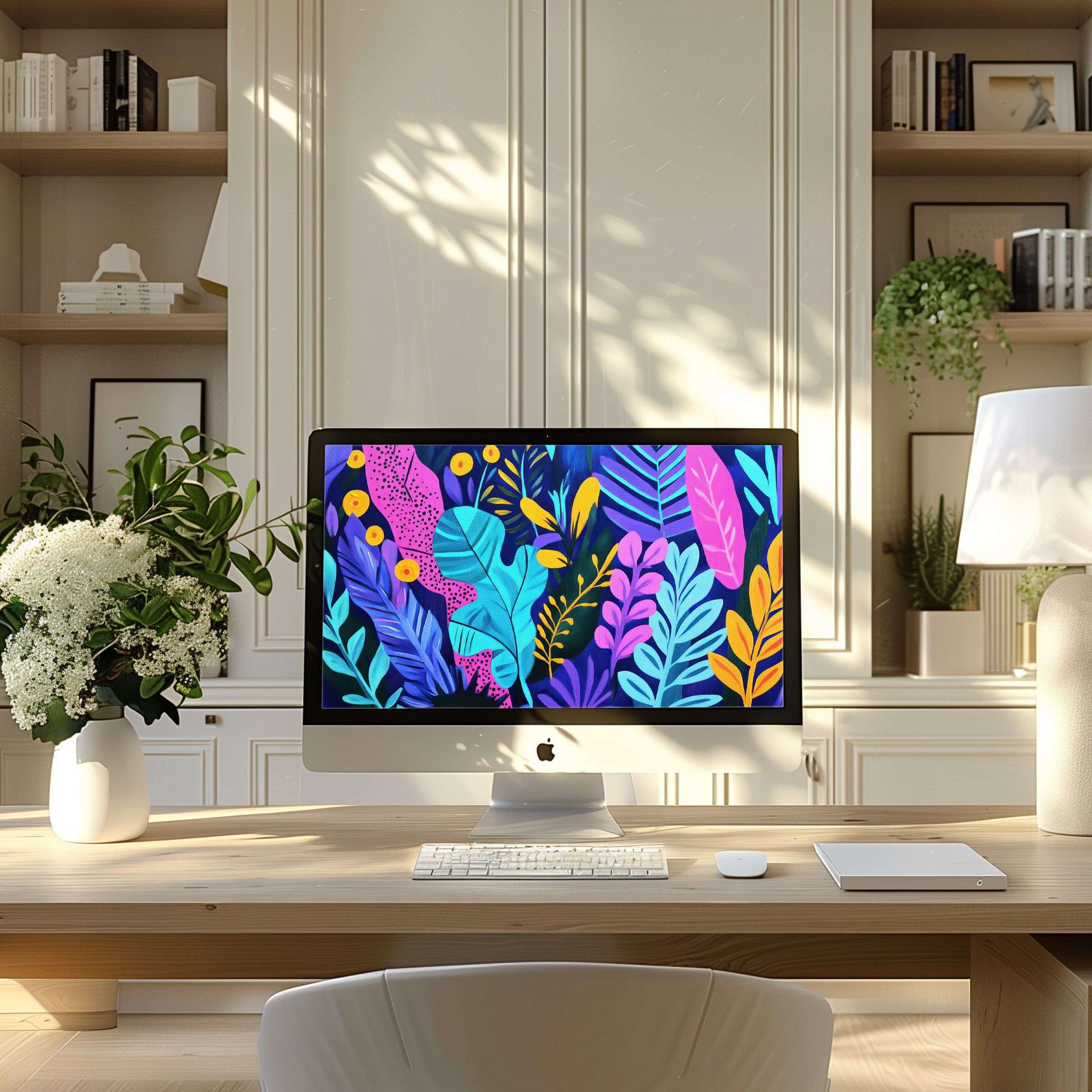 Elegant digital floral design wallpaper for computer brings calm and inspiration to your modern home office PC or laptop setup