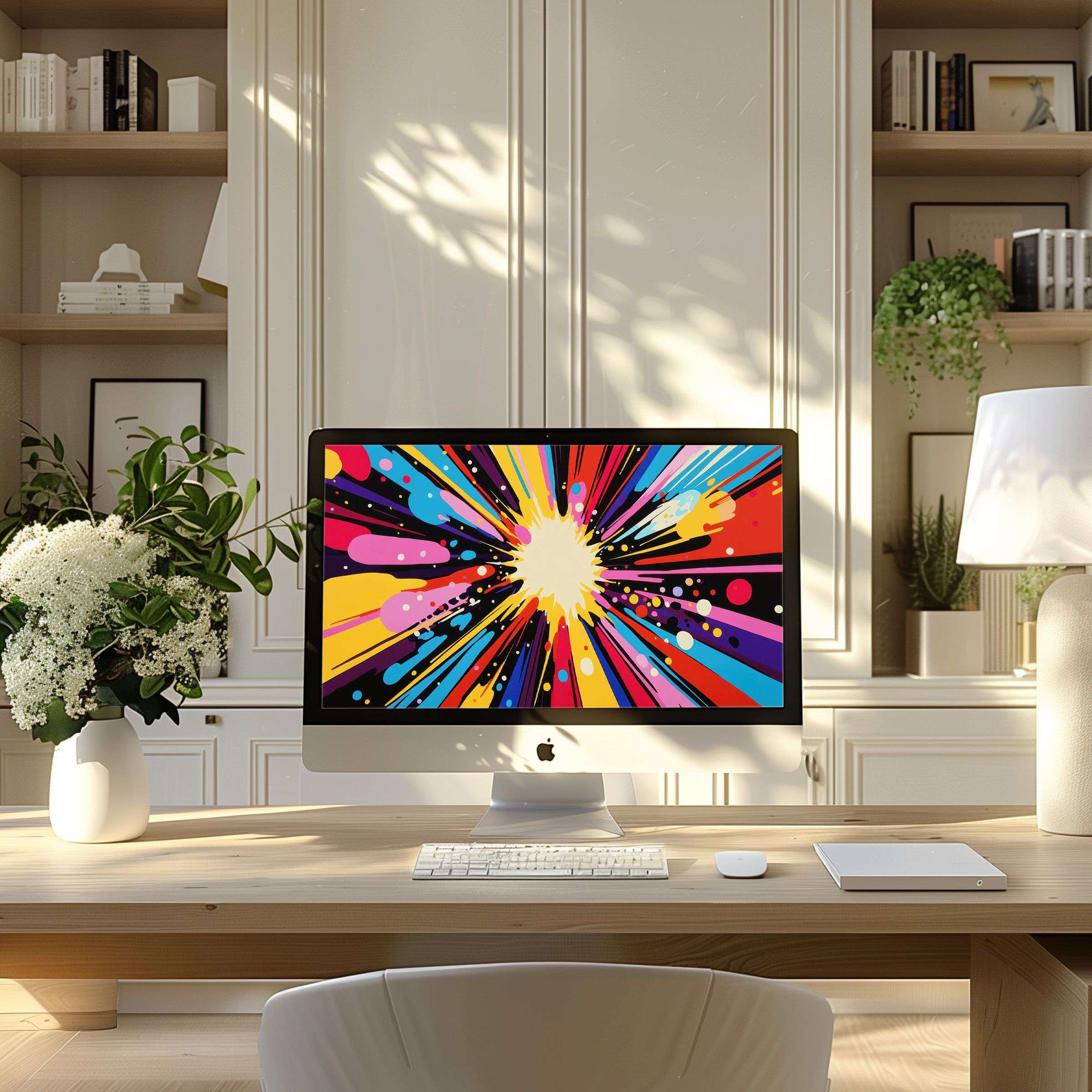 Vivid abstract art wallpaper for computer adds elegance to modern home office, inspiring calm and creativity on PC and laptop screens
